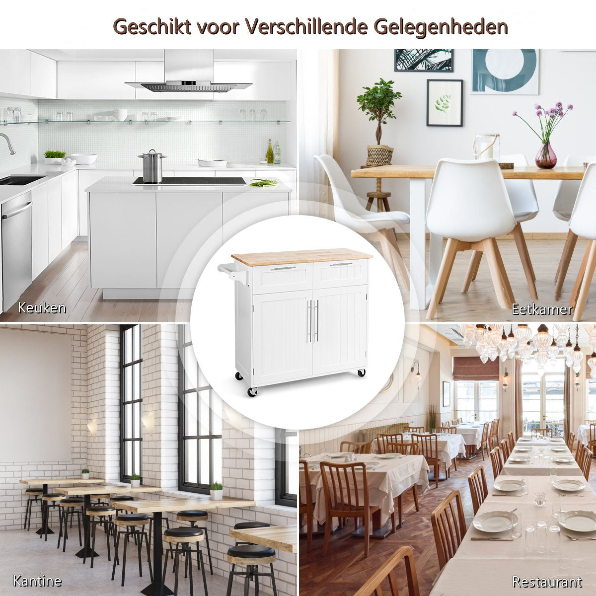 LIVSK Keukentrolley - Duurzaam Rubberhout - 2 Laden 2 Kasten - Handdoekhouder - 4 Wielen - 94 x 45.5 x 94.5 cm - Wit