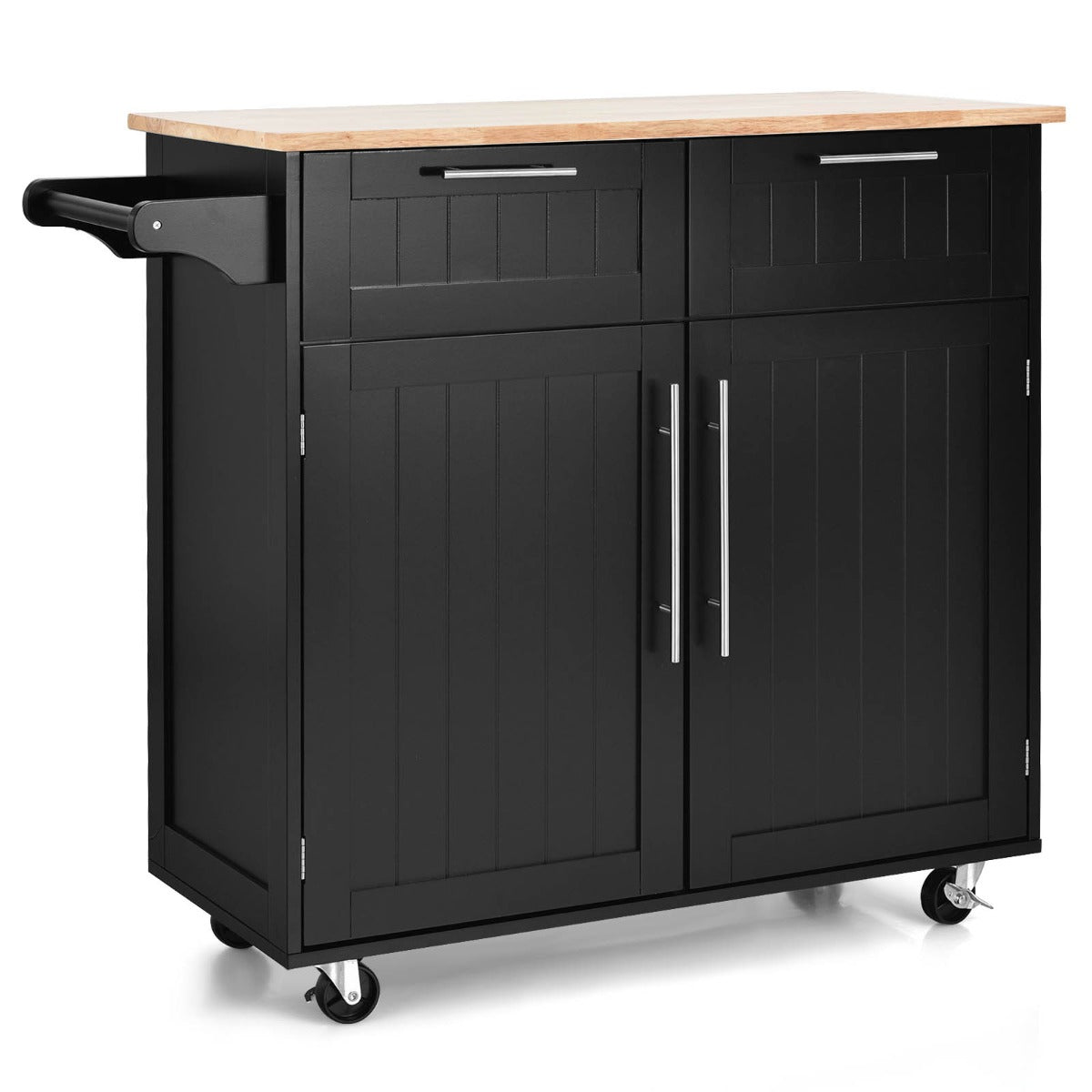 LIVSK Keukentrolley met Laden en Kasten - Duurzaam Rubberhout - 4 Wielen - Handdoekhouder - 94 x 45,5 x 94,5 cm - Zwart