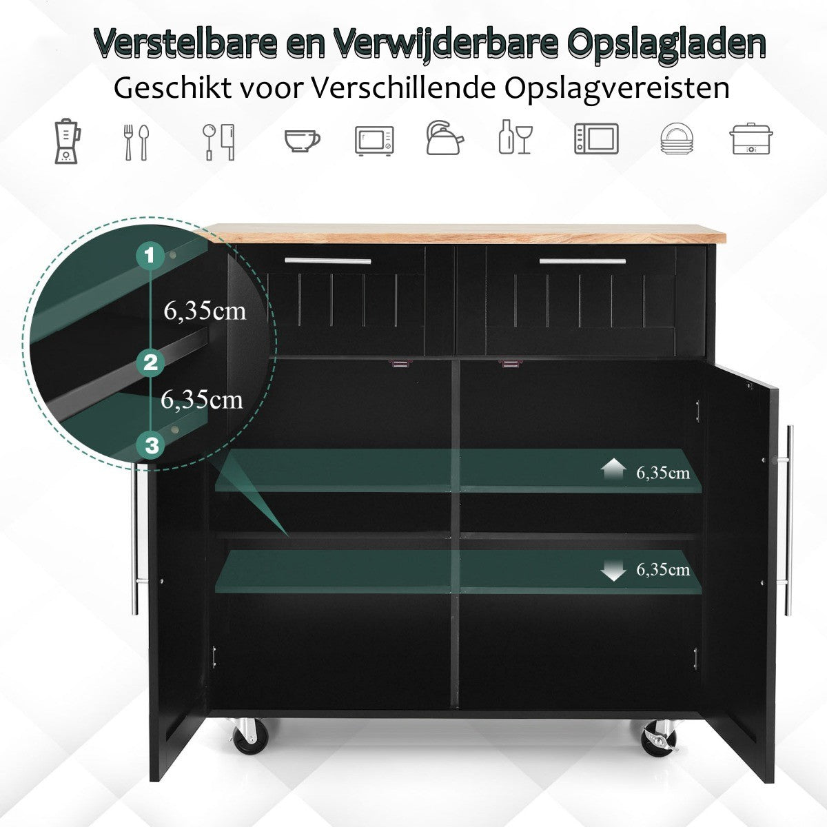 LIVSK Keukentrolley met Laden en Kasten - Duurzaam Rubberhout - 4 Wielen - Handdoekhouder - 94 x 45,5 x 94,5 cm - Zwart
