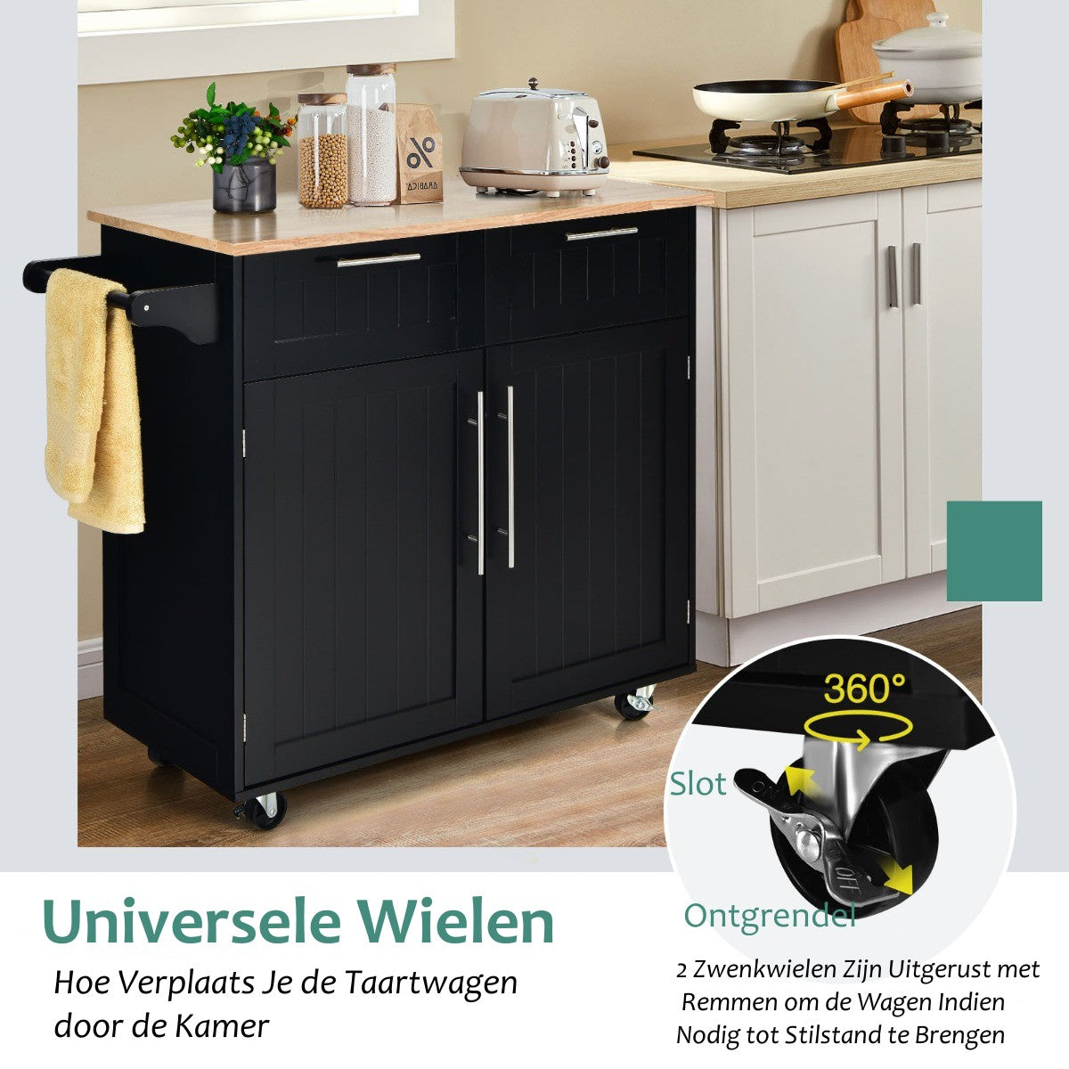 LIVSK Keukentrolley met Laden en Kasten - Duurzaam Rubberhout - 4 Wielen - Handdoekhouder - 94 x 45,5 x 94,5 cm - Zwart