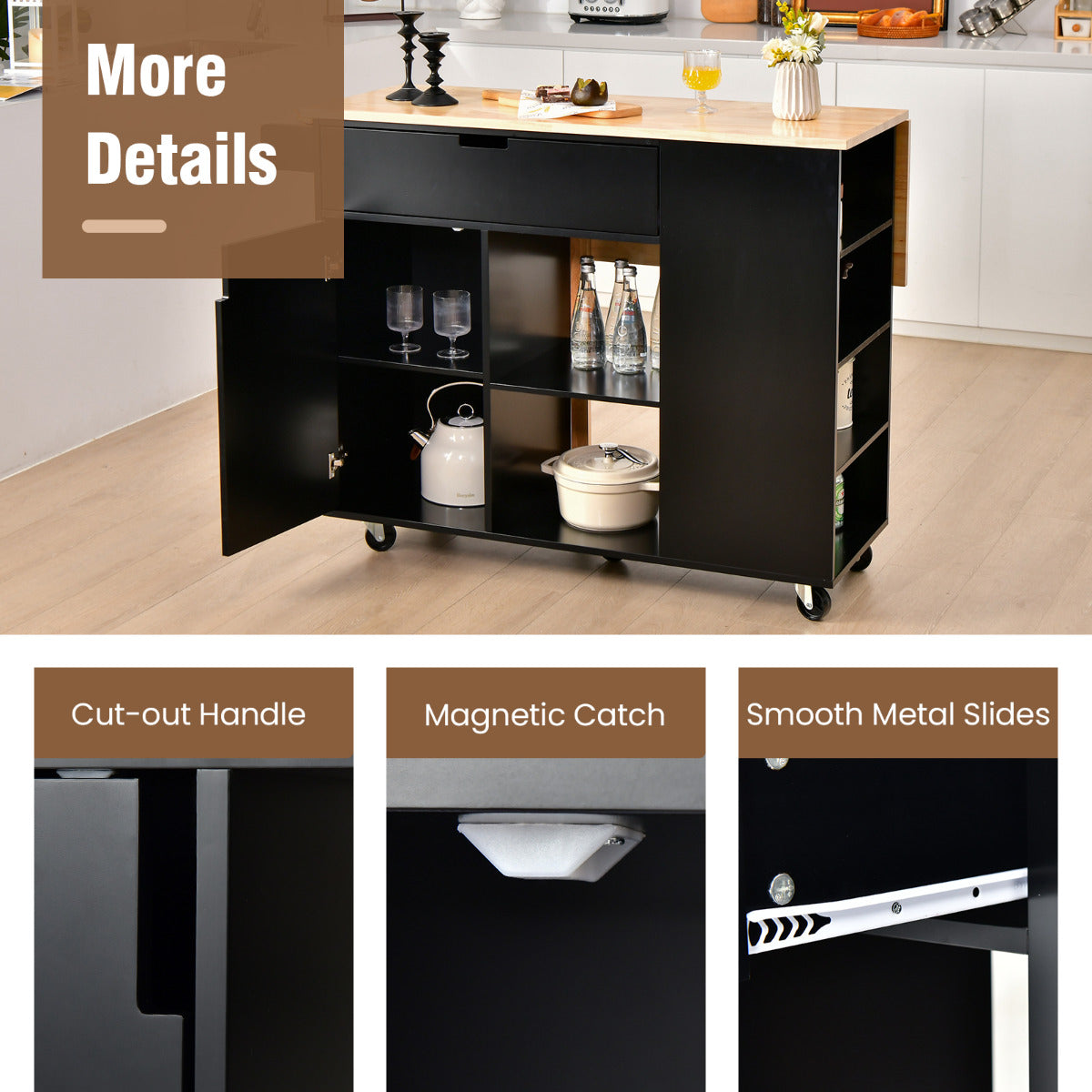 LIVSK Keukeneilandwagen - Uittrekbaar Werkoppervlak - Veel Opbergruimte - Flexibele Wielen - Duurzaam MDF - Zwart