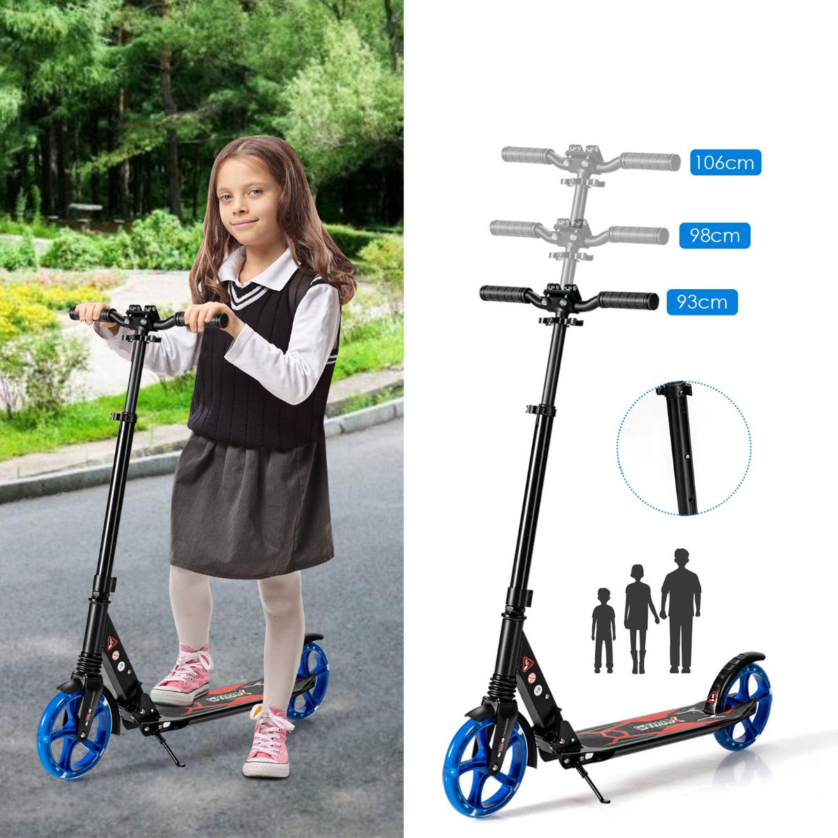 Livsk costway kick scooter voor kinderen led light scooter scooter in hoogte verstelbaar 93 x 43 x 91 106 cm zwart blauw 4