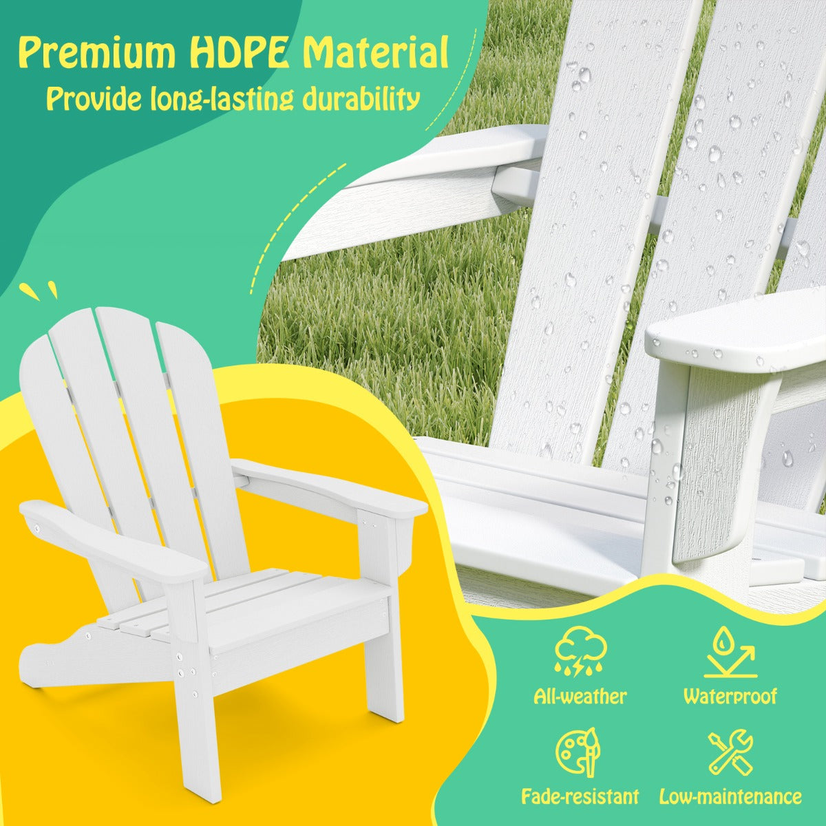 LIVSK Adirondack Kinderstoel - Ergonomische Rugleuning - HDPE Weerbestendig - Voor Binnen en Buiten - Tot 75 kg - Wit