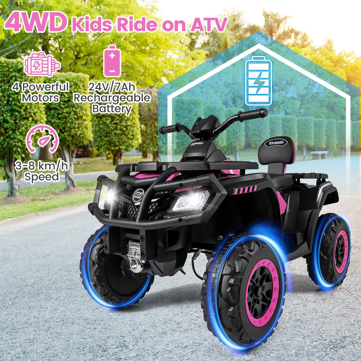 LIVSK Elektrische 2 - zits Kinder - ATV - 4 Motoren - Zachte Start - Interactief Dashboard - Veilig en Comfortabel - Roze