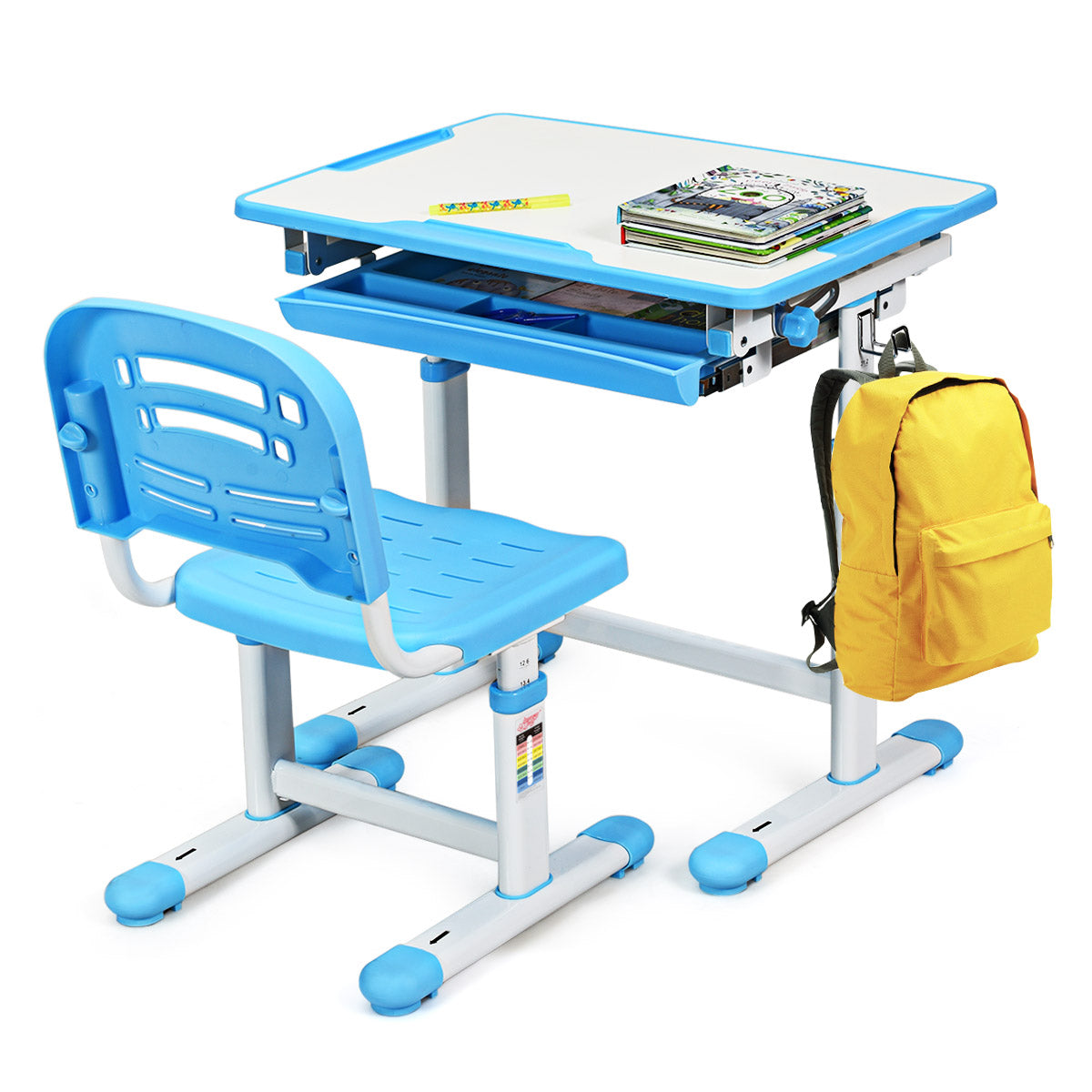 LIVSK Kindertafel en Stoel Set - In Hoogte Verstelbaar - Kantelbaar Bureaublad - Opberglade en Haak - Tot 80 kg - Blauw