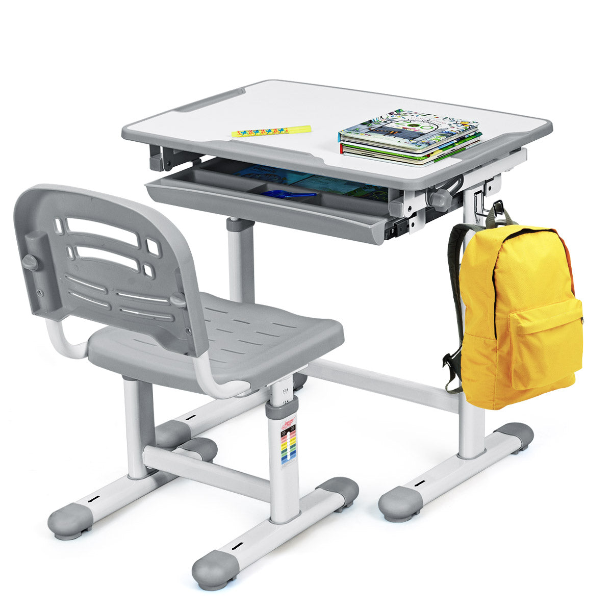 LIVSK Verstelbare Kinderbureau en Stoel Set - Kantelbaar Werkblad - Opberglade - Rugzakhaak - Duurzaam MDF - Grijs