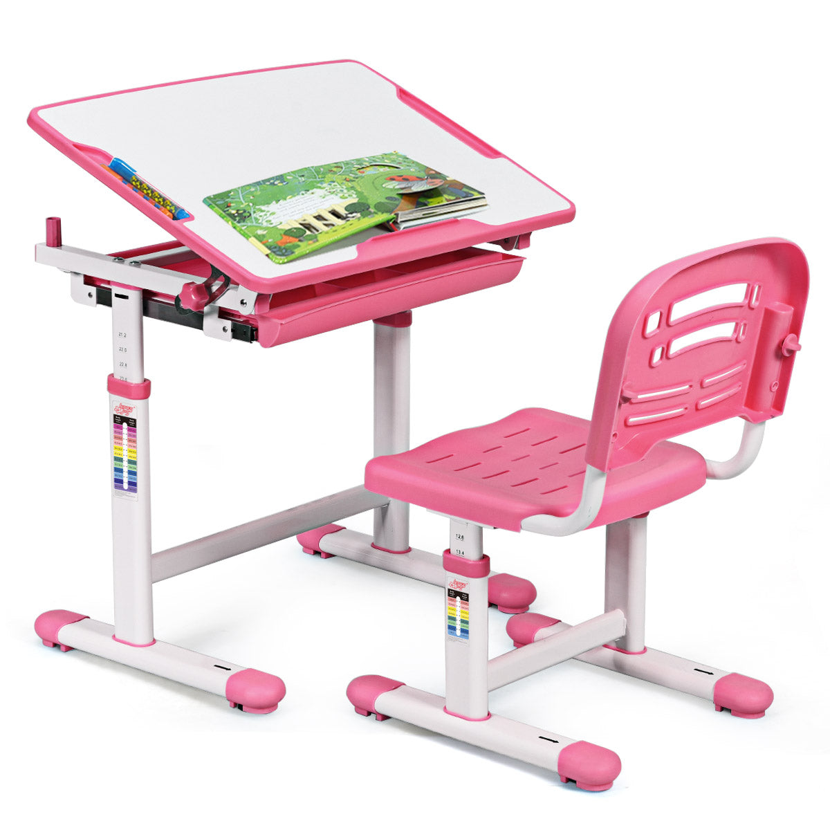 LIVSK Verstelbare Kindertafel met Lade - Kantelbaar Blad - Rugzakhaak - Duurzaam MDF - Tot 80 kg - Roze