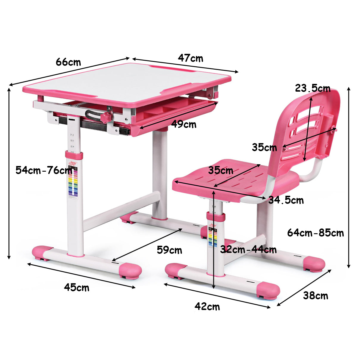 LIVSK Verstelbare Kindertafel met Lade - Kantelbaar Blad - Rugzakhaak - Duurzaam MDF - Tot 80 kg - Roze