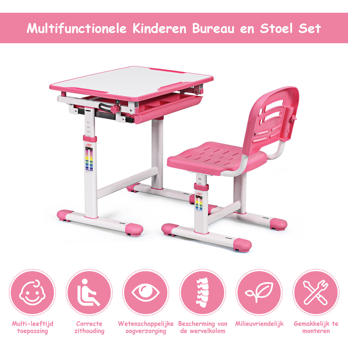 LIVSK Verstelbare Kindertafel met Lade - Kantelbaar Blad - Rugzakhaak - Duurzaam MDF - Tot 80 kg - Roze