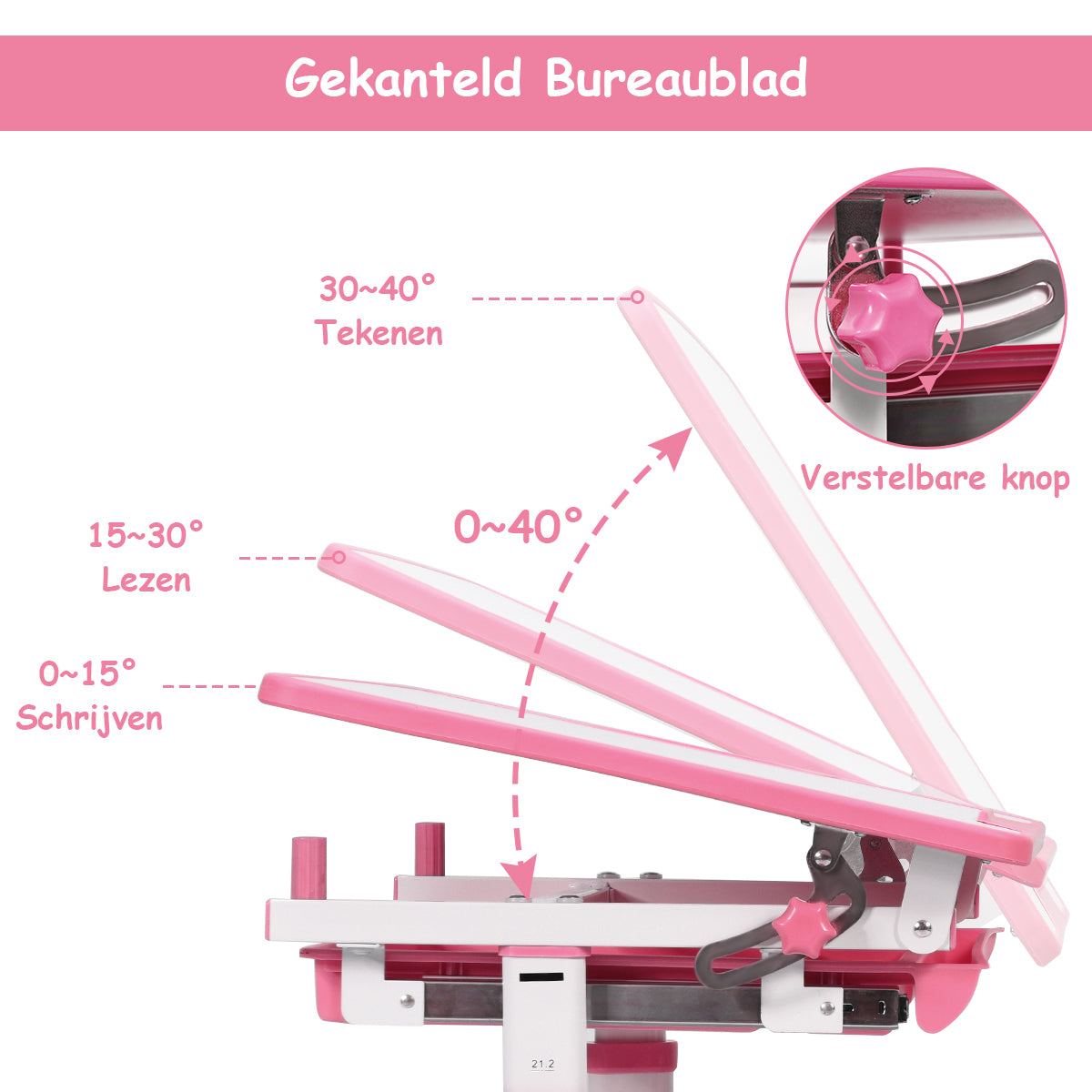 LIVSK Verstelbare Kindertafel met Lade - Kantelbaar Blad - Rugzakhaak - Duurzaam MDF - Tot 80 kg - Roze