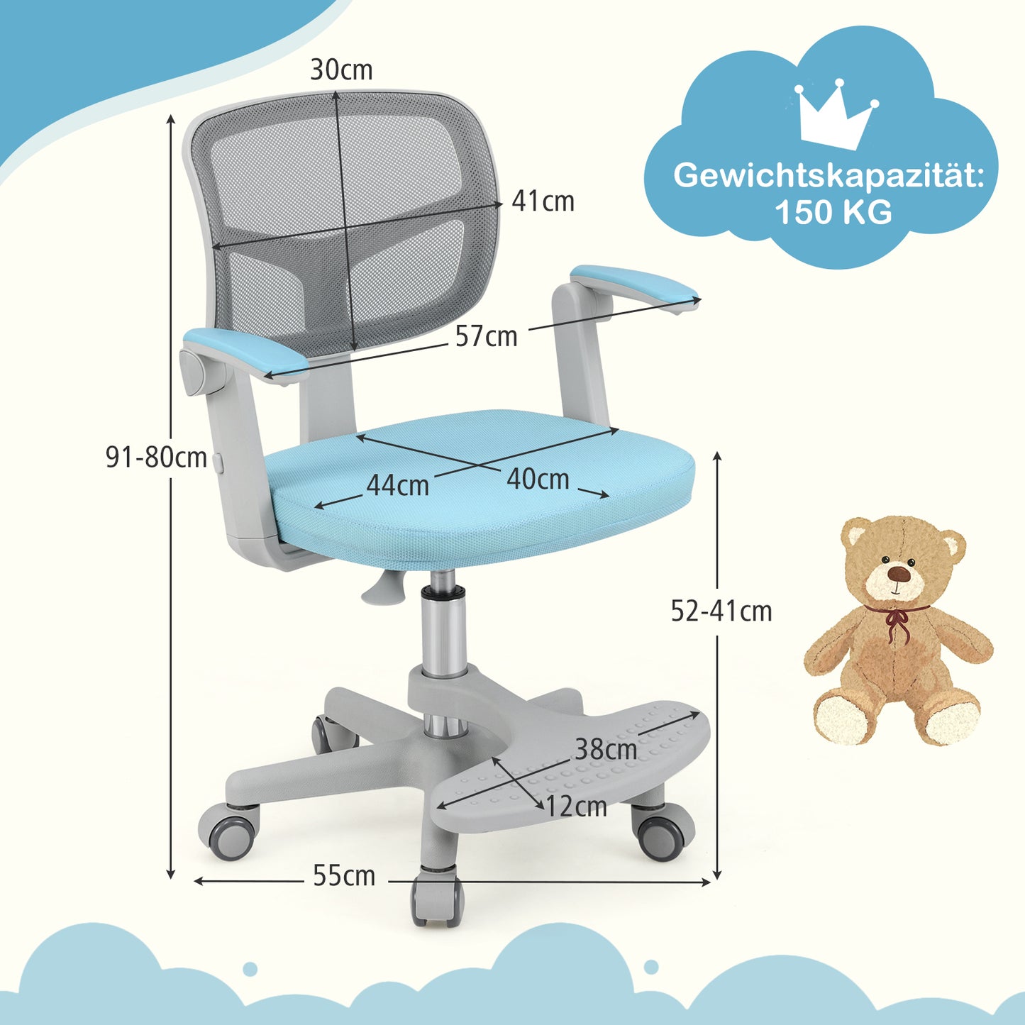 LIVSK Kinderstudiestoel - Verstelbare Zithoogte 41-52 cm - 360° Draaibaar - Ergonomische Rugsteun - Blauw