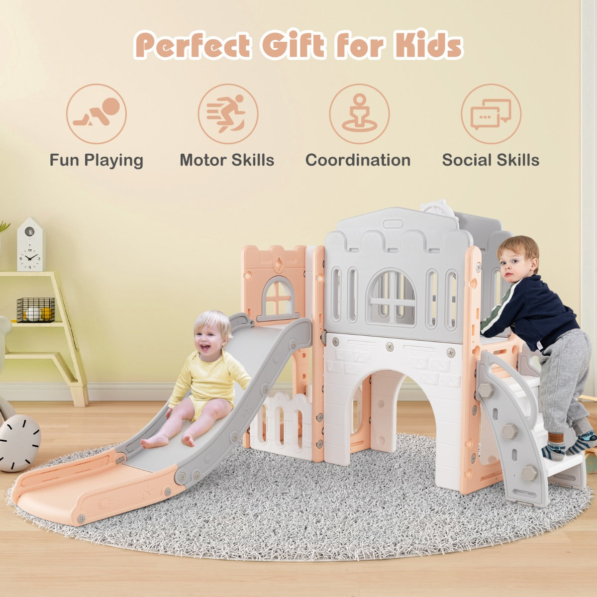 LIVSK 9-in-1 Peuterrutsche met Basketbalring - Veilig HDPE Materiaal - Inclusief Stuurwiel en Tunnel - Voor Kinderen 1+ -