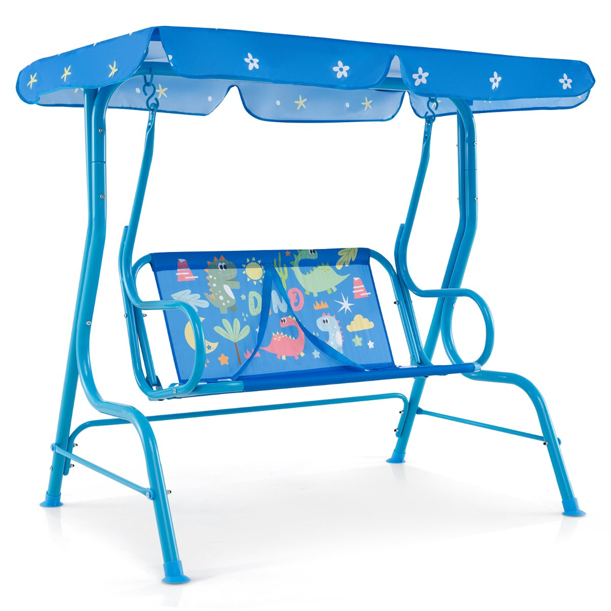 LIVSK Kinderschommel met Verstelbaar Zonnedak - Veiligheidsgordels voor 2 Kinderen - Stabiel Metalen Frame - 112 x 76,5 x 111 cm