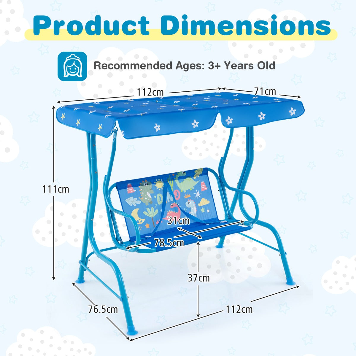 LIVSK Kinderschommel met Verstelbaar Zonnedak - Veiligheidsgordels voor 2 Kinderen - Stabiel Metalen Frame - 112 x 76,5 x 111 cm