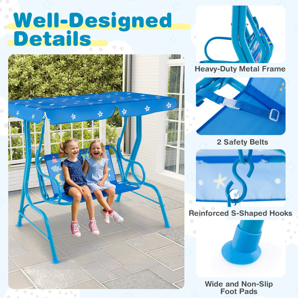 LIVSK Kinderschommel met Verstelbaar Zonnedak - Veiligheidsgordels voor 2 Kinderen - Stabiel Metalen Frame - 112 x 76,5 x 111 cm