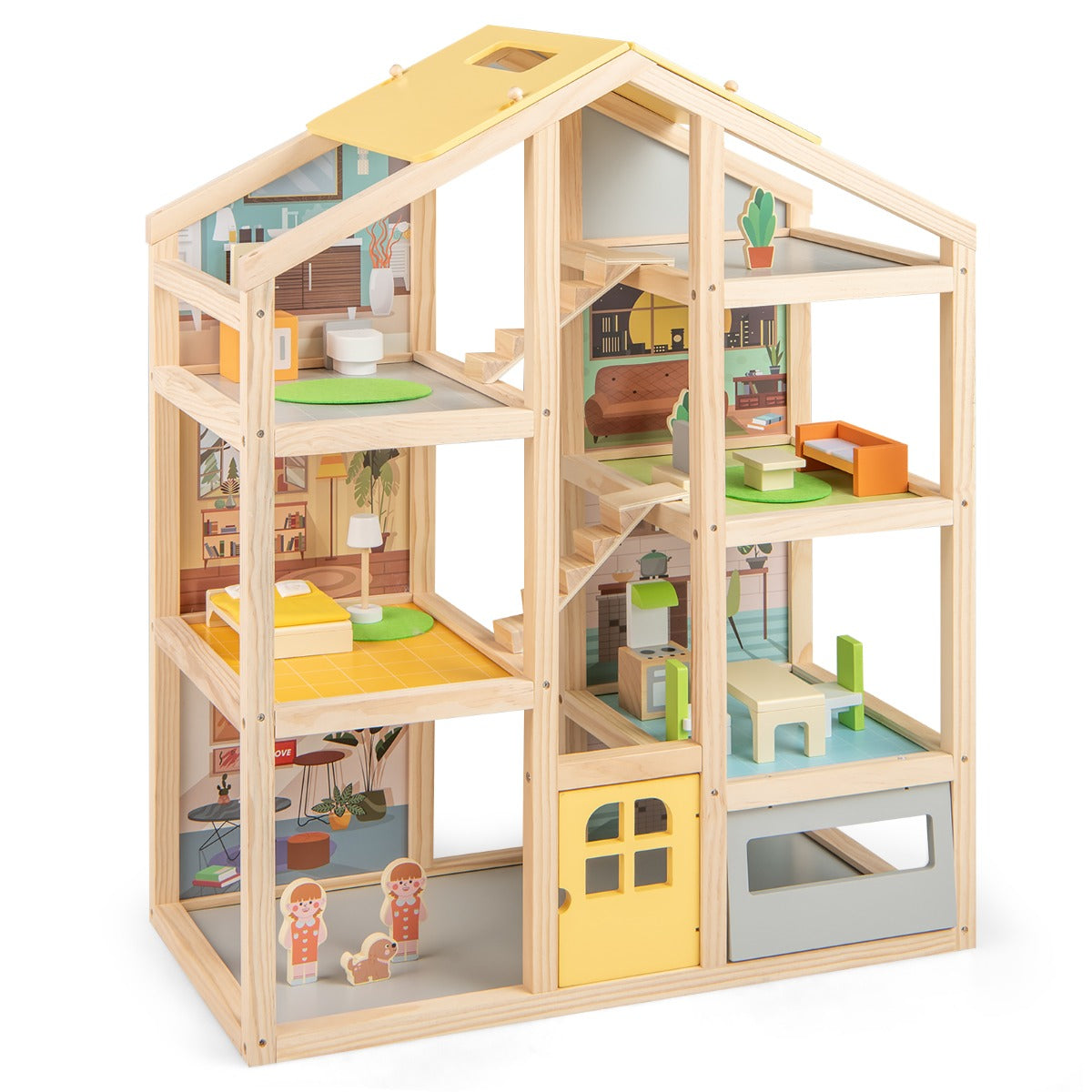 LIVSK Modern Houten Poppenhuis - Inclusief 18 Meubels en 3 Figuren - Interactief Speelhuis - Voor Kinderen vanaf 3 Jaar - Natuur