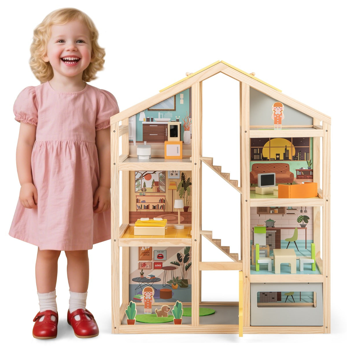 LIVSK Modern Houten Poppenhuis - Inclusief 18 Meubels en 3 Figuren - Interactief Speelhuis - Voor Kinderen vanaf 3 Jaar - Natuur