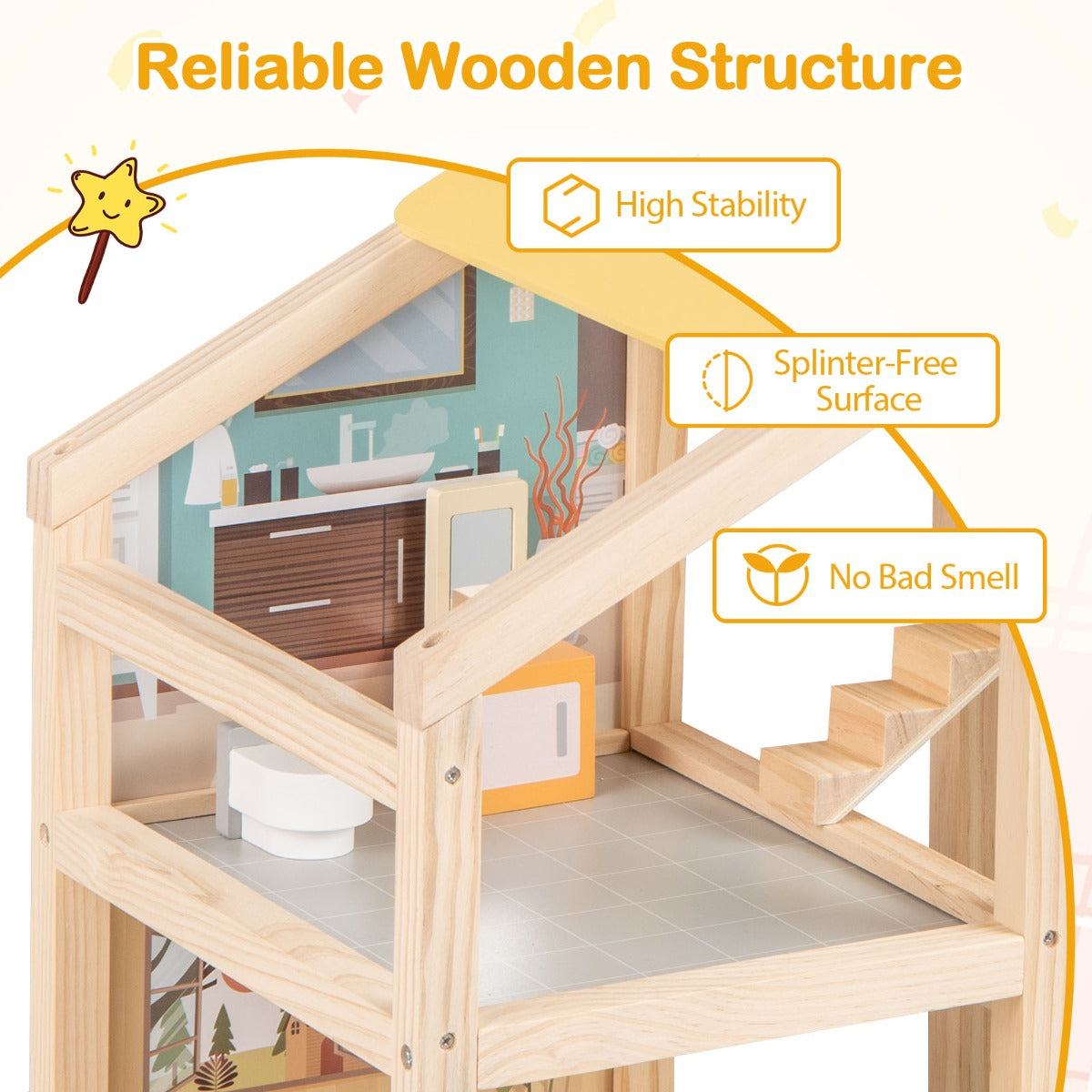 LIVSK Modern Houten Poppenhuis - Inclusief 18 Meubels en 3 Figuren - Interactief Speelhuis - Voor Kinderen vanaf 3 Jaar - Natuur