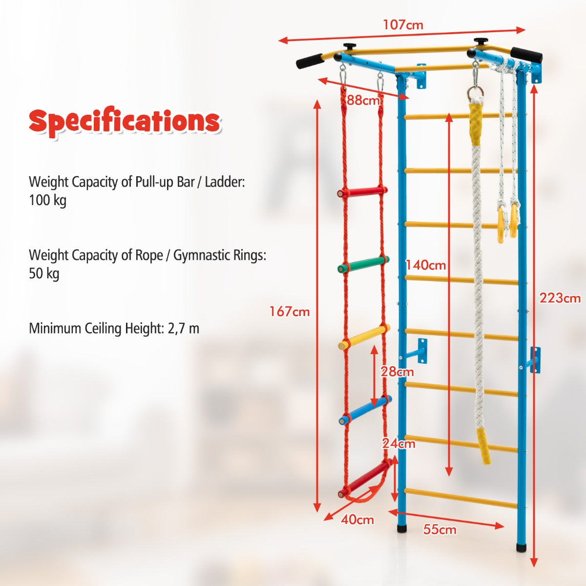 LIVSK Kinder Klimwand Set - Muurladder, Optrekstang, Touwladder en Ringen - Duurzaam Koolstofstaal - Voor Actieve Kinderen -