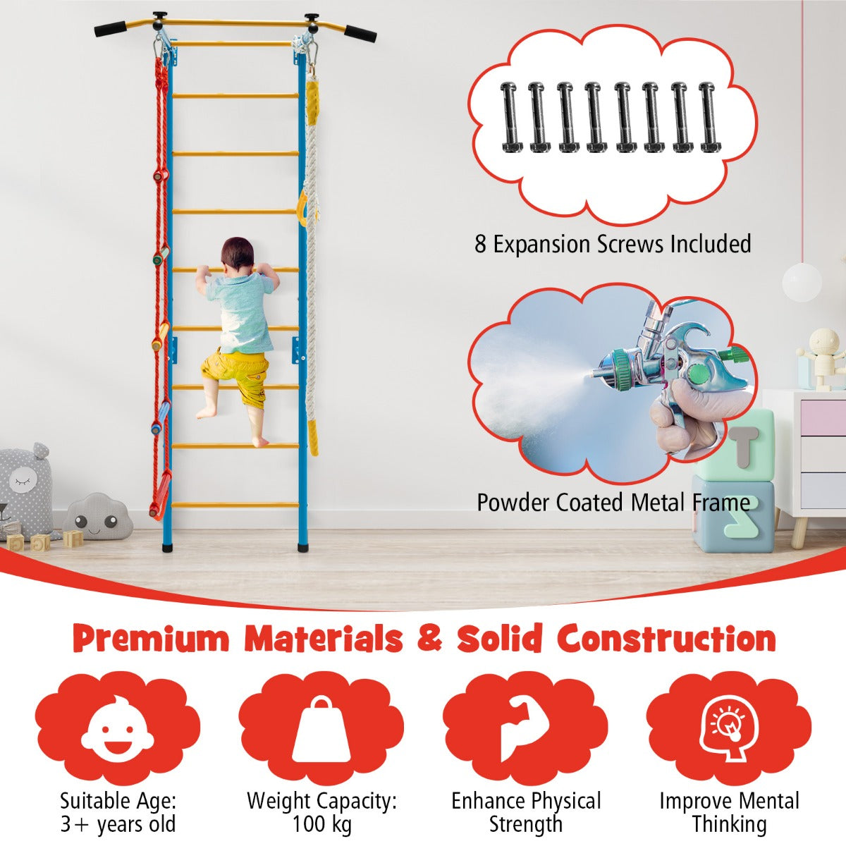 LIVSK Kinder Klimwand Set - Muurladder, Optrekstang, Touwladder en Ringen - Duurzaam Koolstofstaal - Voor Actieve Kinderen -