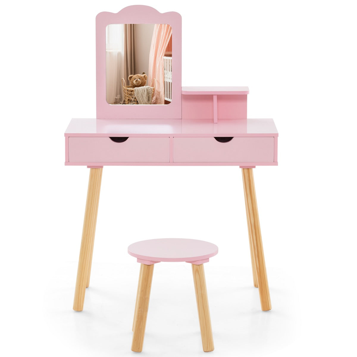 LIVSK 2-in-1 Kinderschminktafel Set - Afneembare Spiegel - Ruime Opbergruimte - Stevige MDF en Dennenhout - Voor Kinderen 3-7