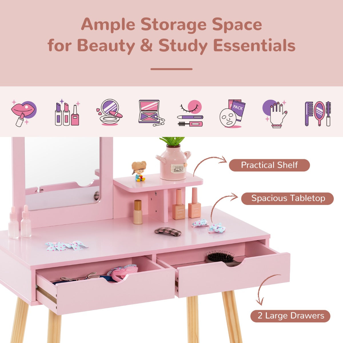 LIVSK 2-in-1 Kinderschminktafel Set - Afneembare Spiegel - Ruime Opbergruimte - Stevige MDF en Dennenhout - Voor Kinderen 3-7