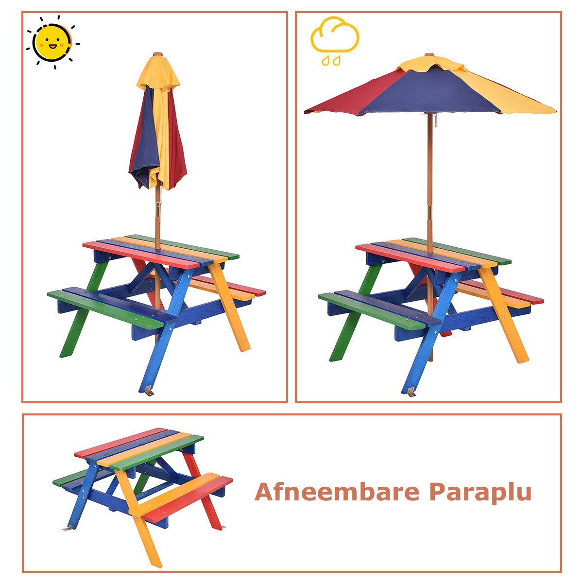 LIVSK Kinder Picknicktafel Set - Dennenhout - Afneembare Paraplu - Opvouwbaar - Geschikt voor 4 Kinderen - Veelkleurig