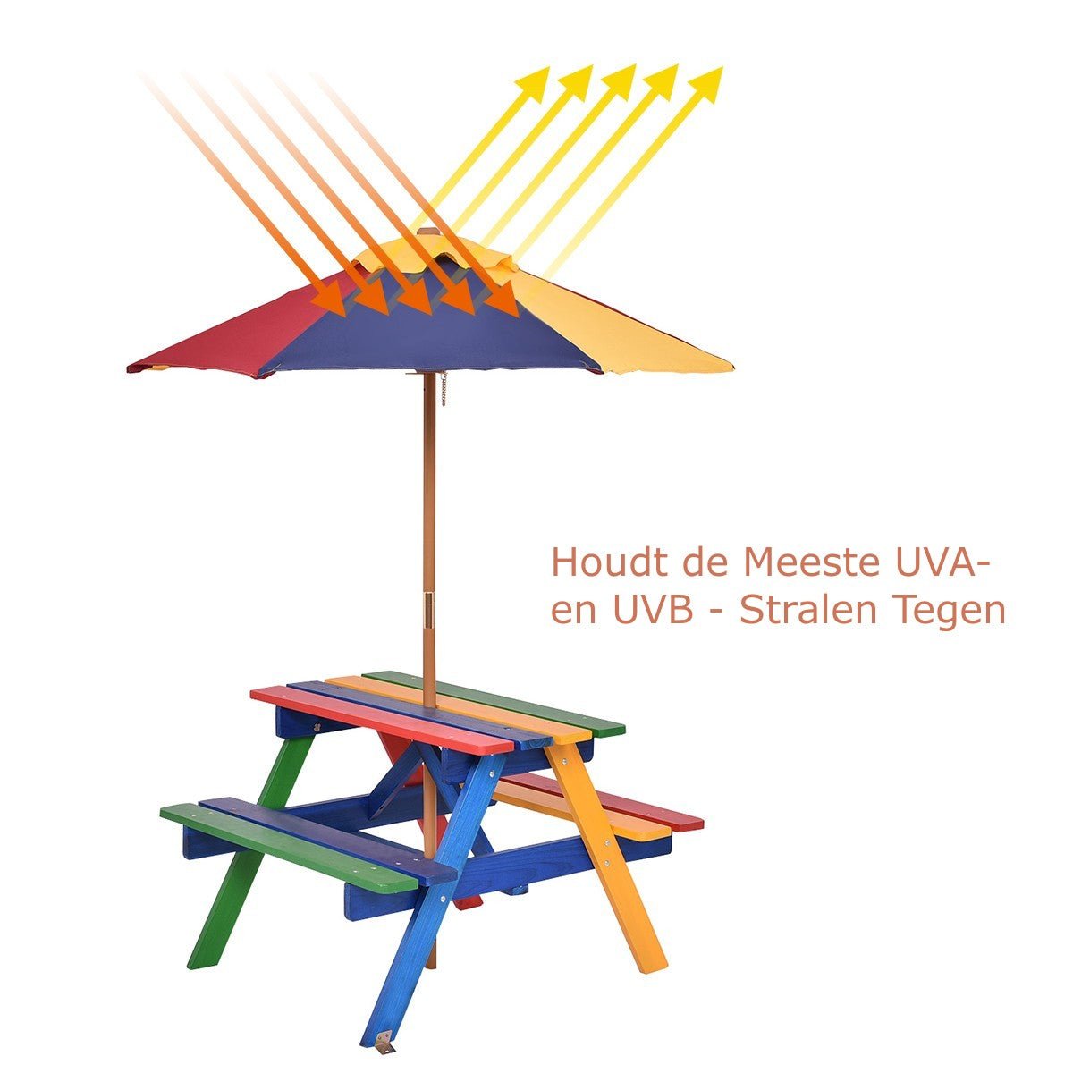 LIVSK Kinder Picknicktafel Set - Dennenhout - Afneembare Paraplu - Opvouwbaar - Geschikt voor 4 Kinderen - Veelkleurig