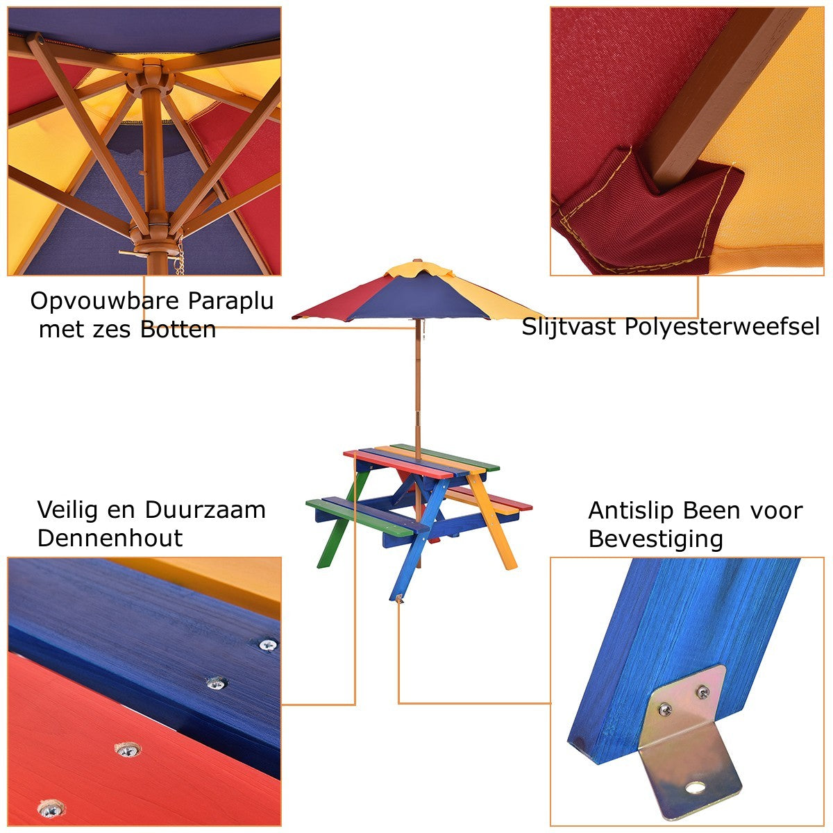 LIVSK Kinder Picknicktafel Set - Dennenhout - Afneembare Paraplu - Opvouwbaar - Geschikt voor 4 Kinderen - Veelkleurig
