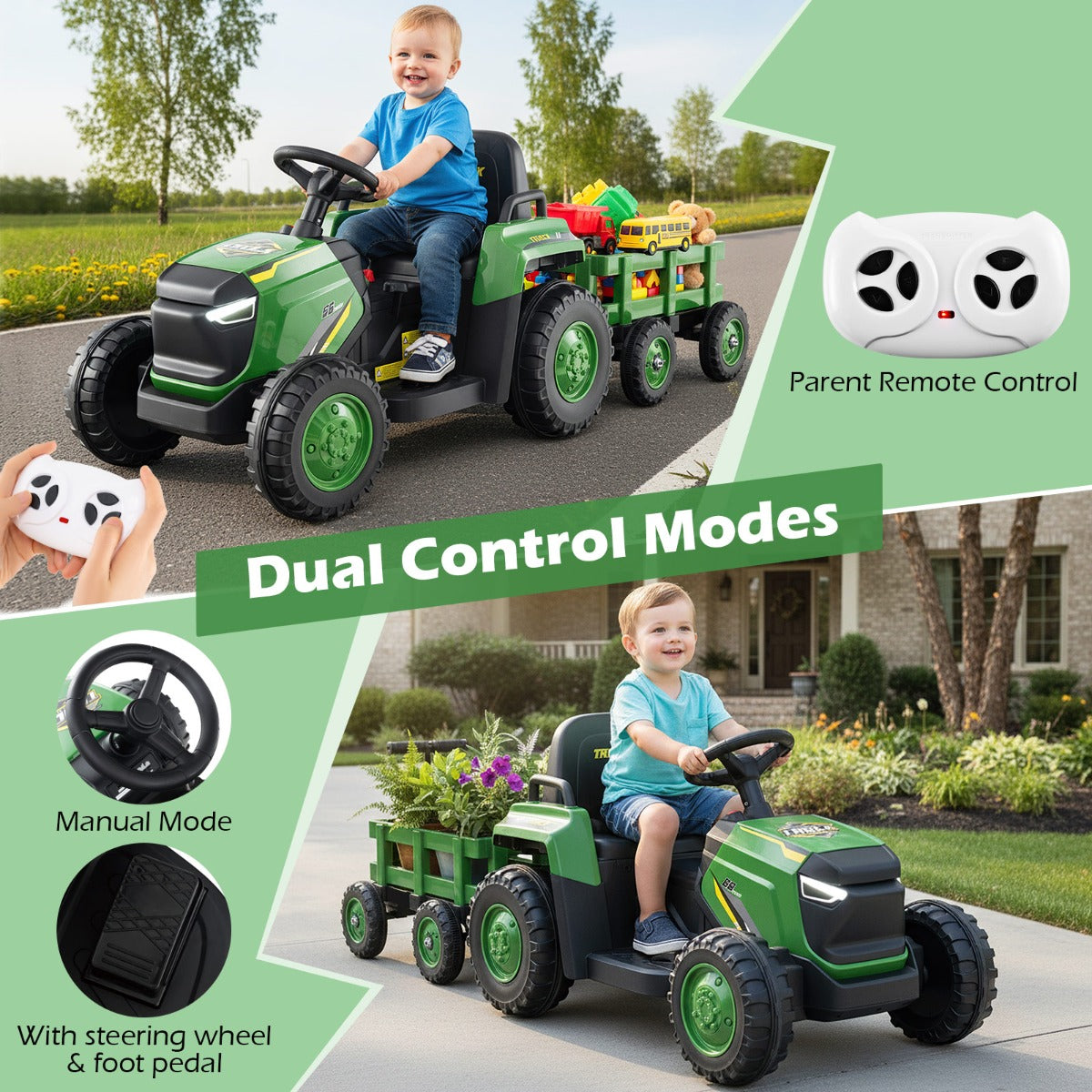 Livsk costway kinder rutsch traktor elektrofahrzeug mit abnehmbaren anhanger fernbedienung donkergroen 5