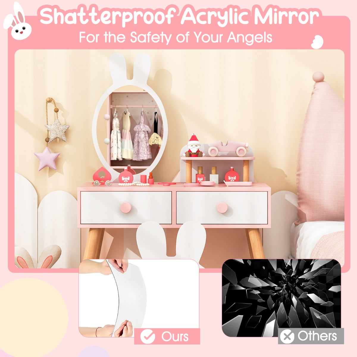 LIVSK Kinder-makeuptafel en Kruk - 2-in-1 Ontwerp met Acryl Spiegel - Ruim Tafelblad en Lades - Veilig en Duurzaam - Roze + Wit