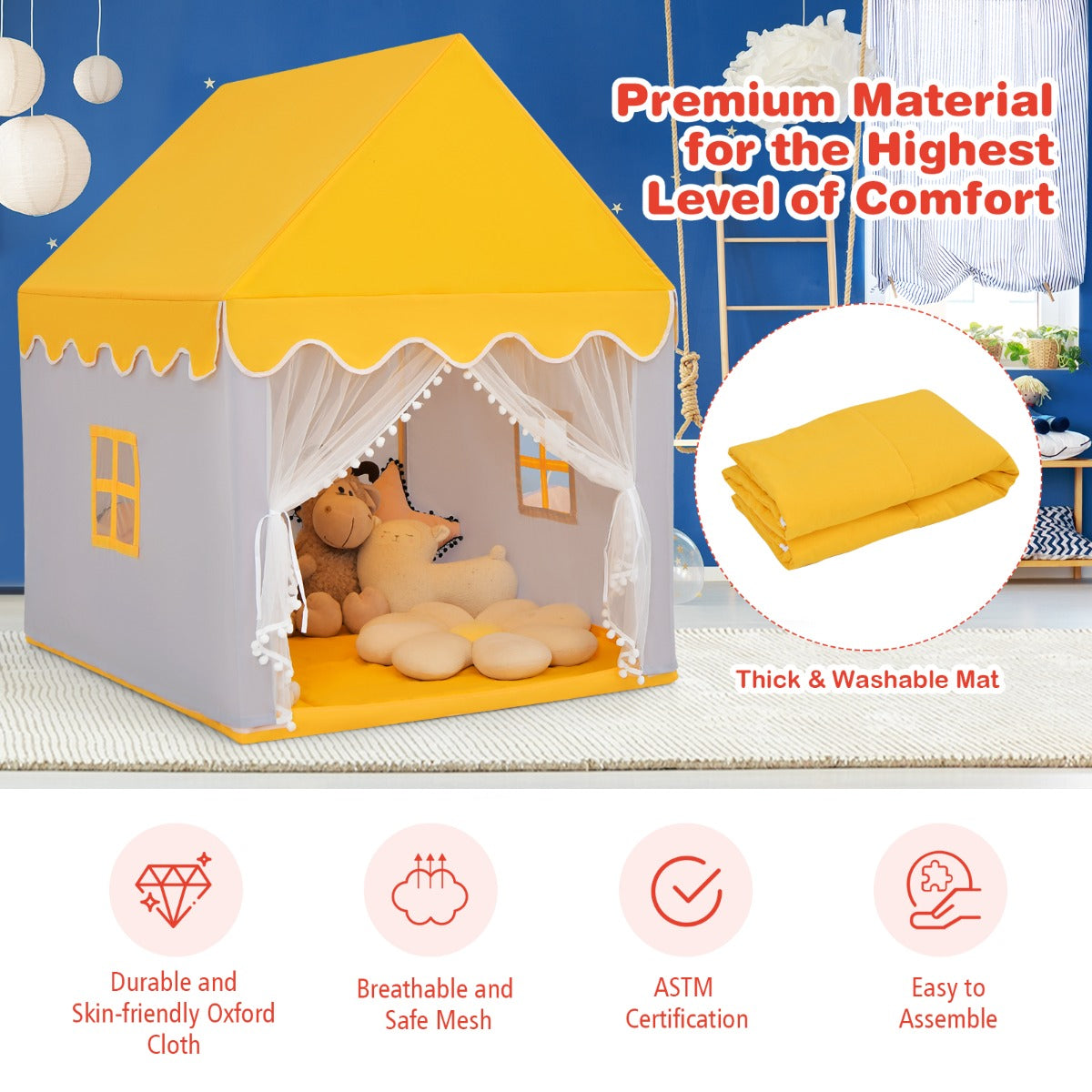 LIVSK Stevig Kinder Speelhuisje - Ruim Houten Frame - Inclusief Zachte Mat - Voor Binnen en Buiten - 120 x 105 x 140 cm - Geel +