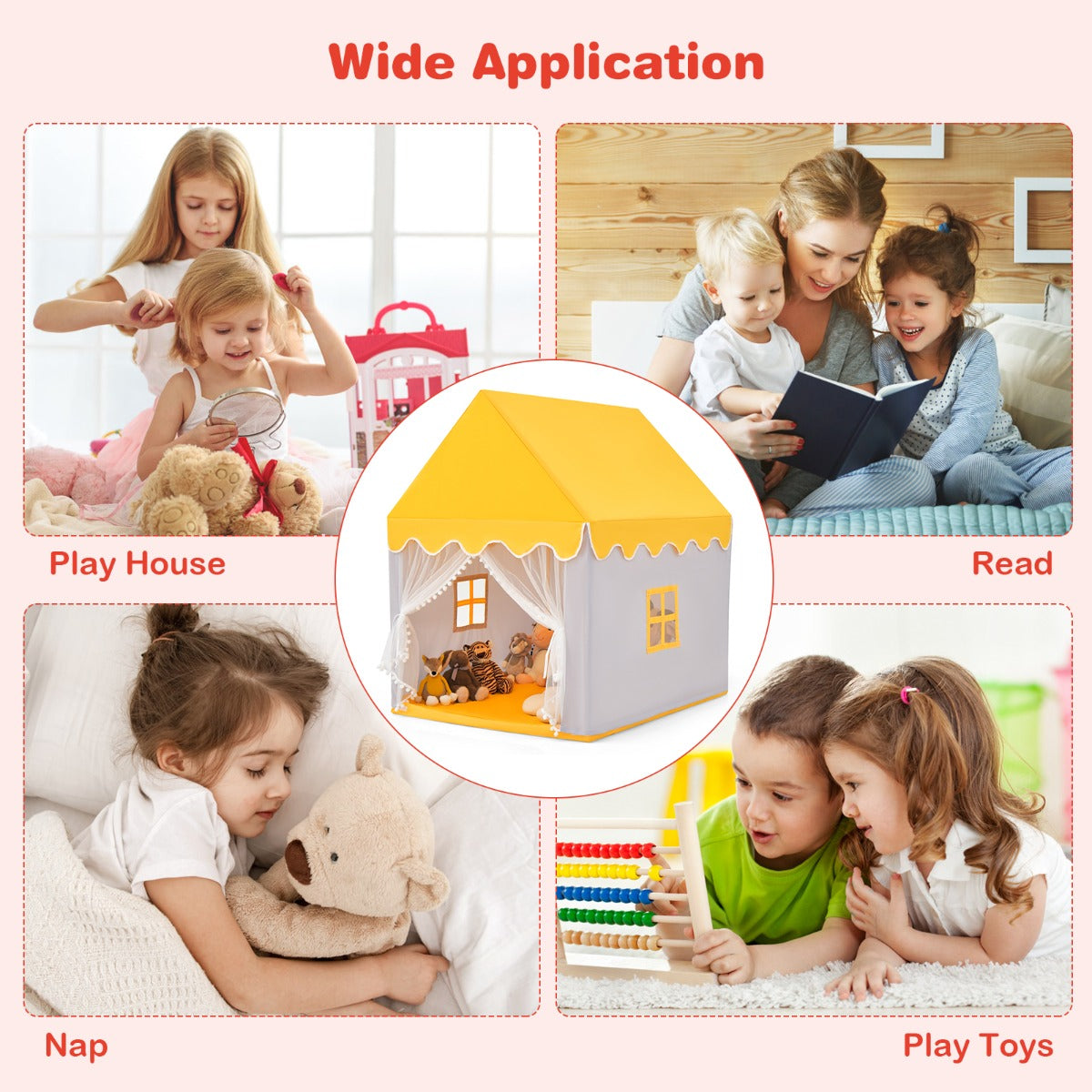 LIVSK Stevig Kinder Speelhuisje - Ruim Houten Frame - Inclusief Zachte Mat - Voor Binnen en Buiten - 120 x 105 x 140 cm - Geel +