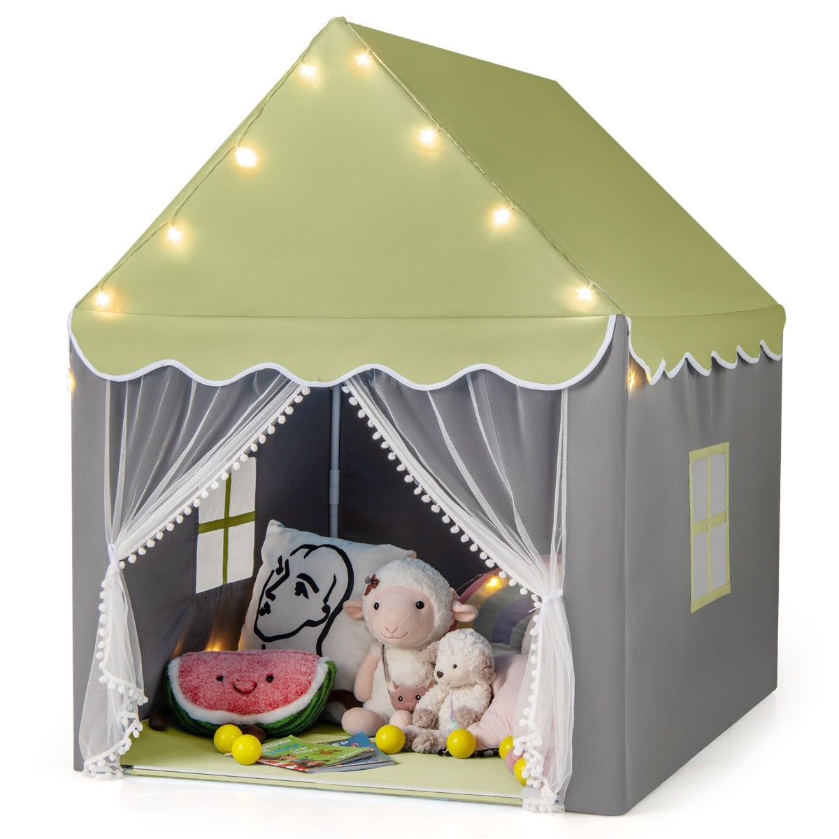 LIVSK Speelhuistent - Ruime Speelruimte voor 4 Kinderen - Zacht Polyester-Katoen - Sterrenverlichting - 105 x 121 x 136 cm - Groen