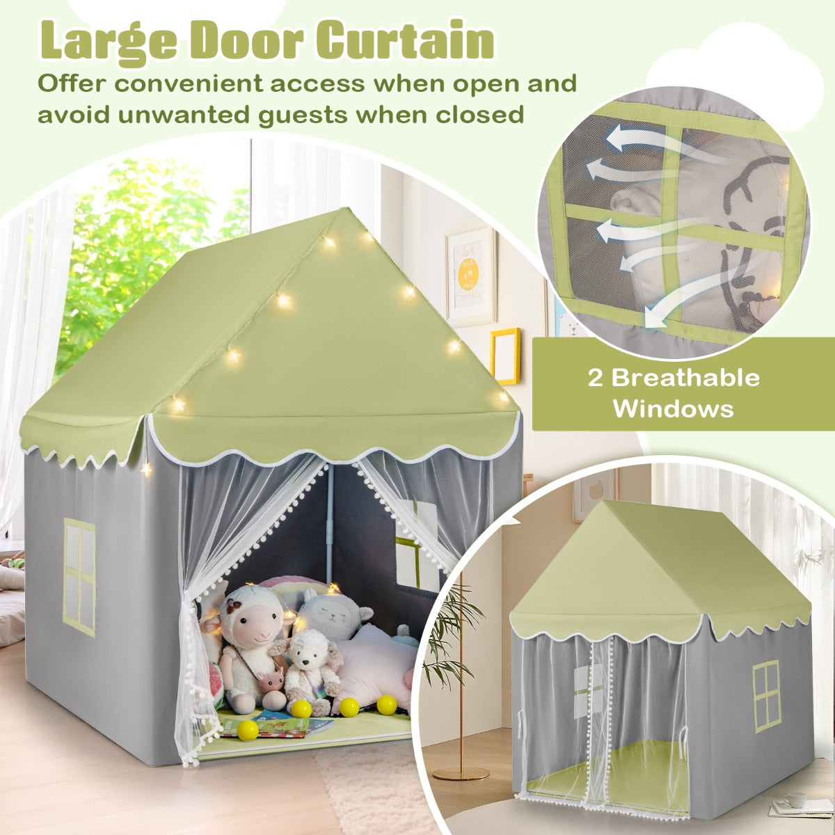 LIVSK Speelhuistent - Ruime Speelruimte voor 4 Kinderen - Zacht Polyester-Katoen - Sterrenverlichting - 105 x 121 x 136 cm - Groen