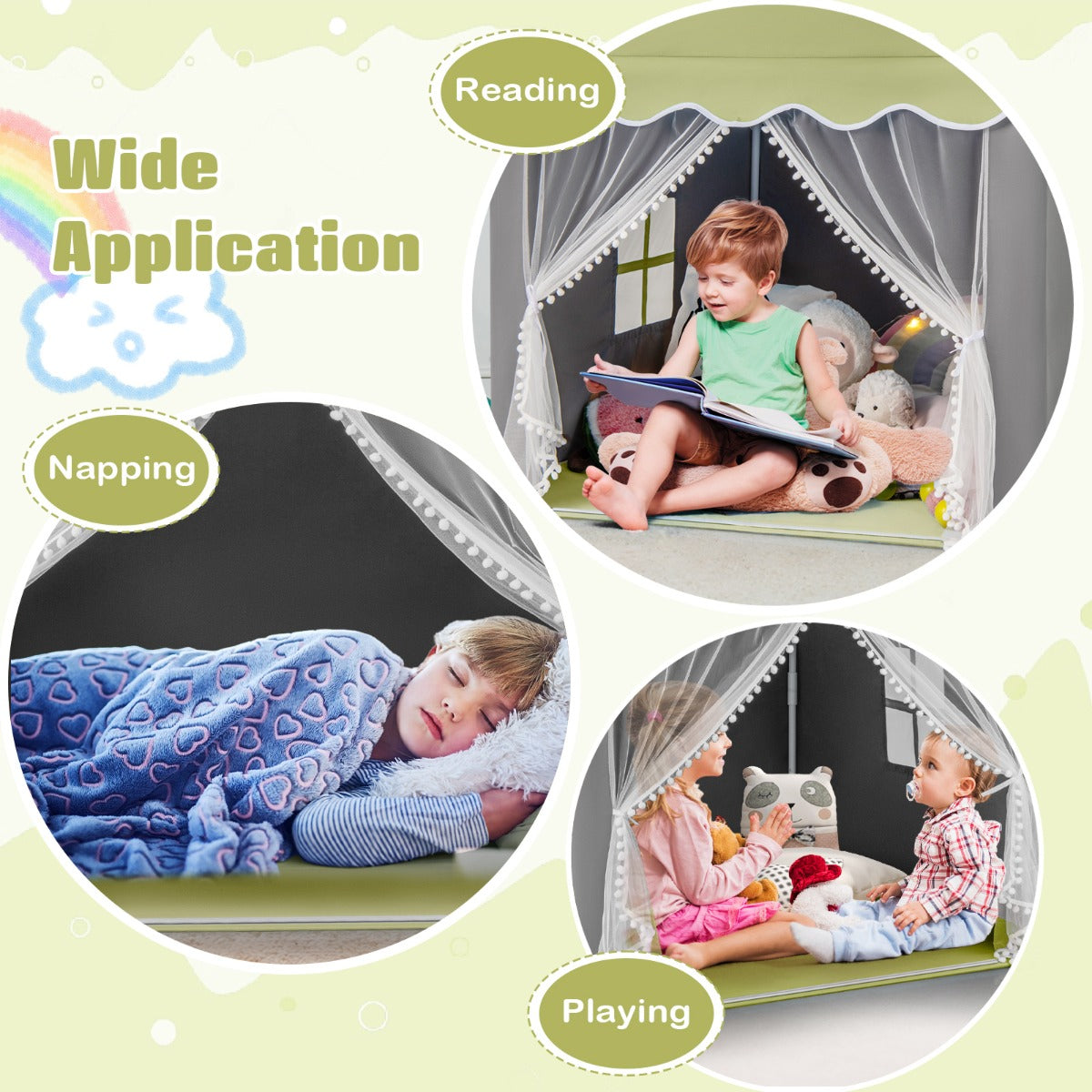 LIVSK Speelhuistent - Ruime Speelruimte voor 4 Kinderen - Zacht Polyester-Katoen - Sterrenverlichting - 105 x 121 x 136 cm - Groen