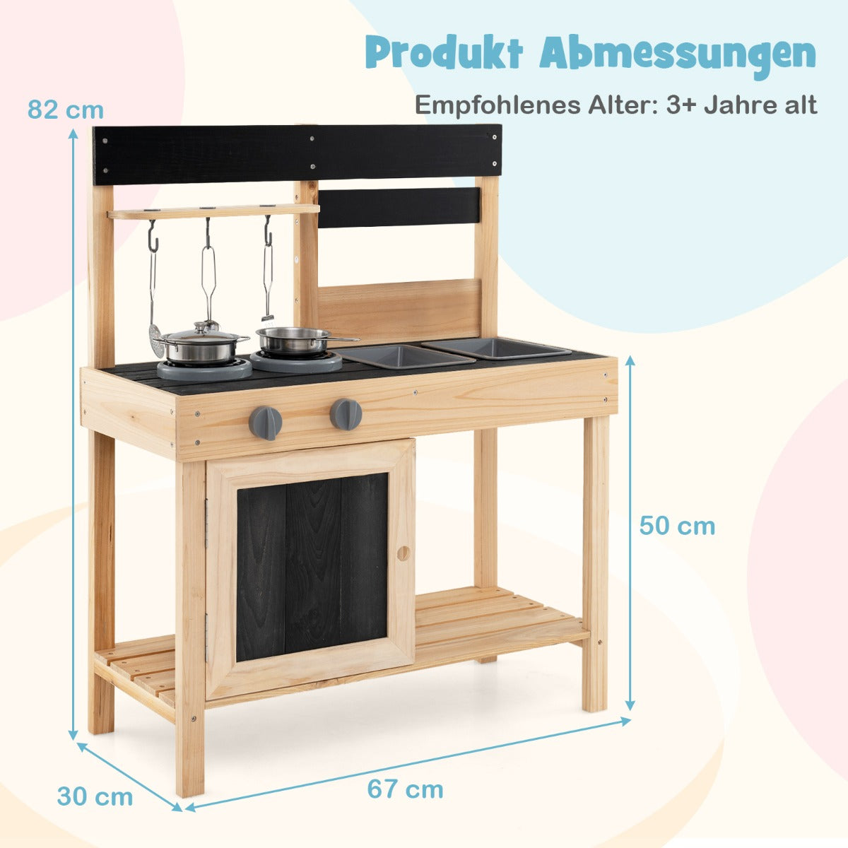LIVSK Modderkeuken Speelset met Watertank en Afneembare Spoelbakken - 2 Kookplaten - 5 Keukengerei - Stevig Dennenhout - Voor