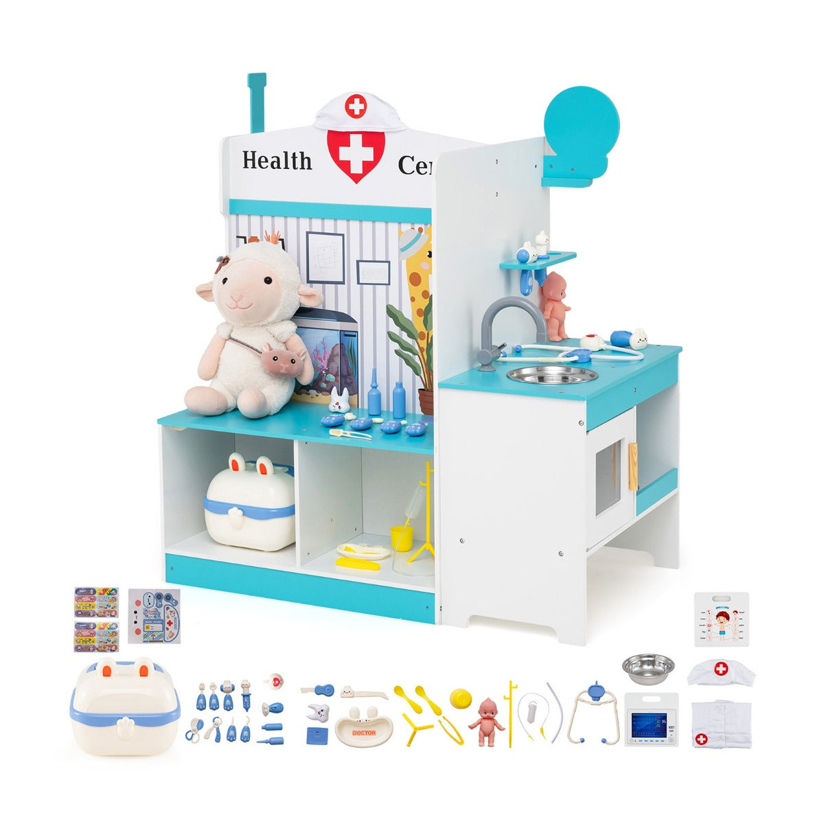 Livsk costway kinderarts speelset houten medisch centrum met wastafel ecg monitor grafieken klok en leuningaccessoires 1 1