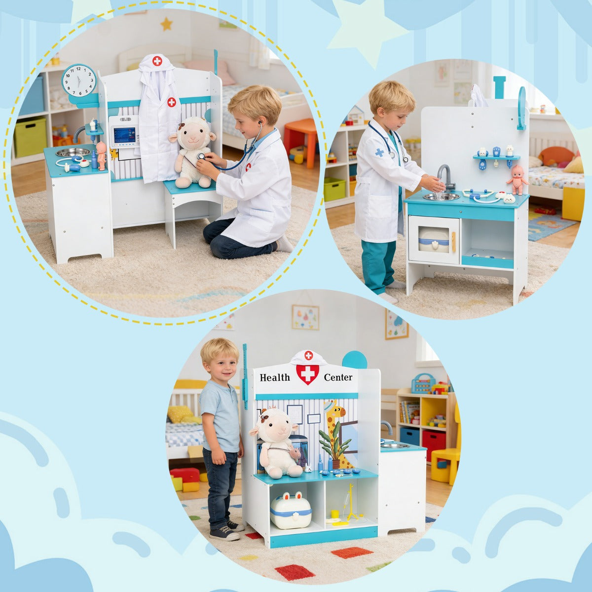 Livsk costway kinderarts speelset houten medisch centrum met wastafel ecg monitor grafieken klok en leuningaccessoires 3