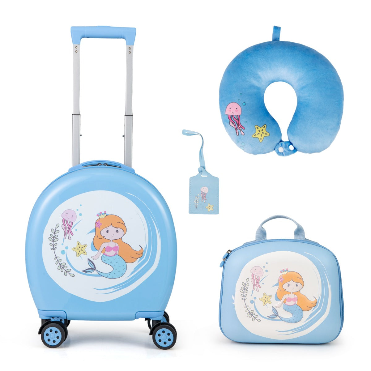 LIVSK Kinderbagageset - Handbagagekoffer met Rugzak, Nekkussen en Bagagelabel - Waterbestendig - 14 inch - Blauw+Wit