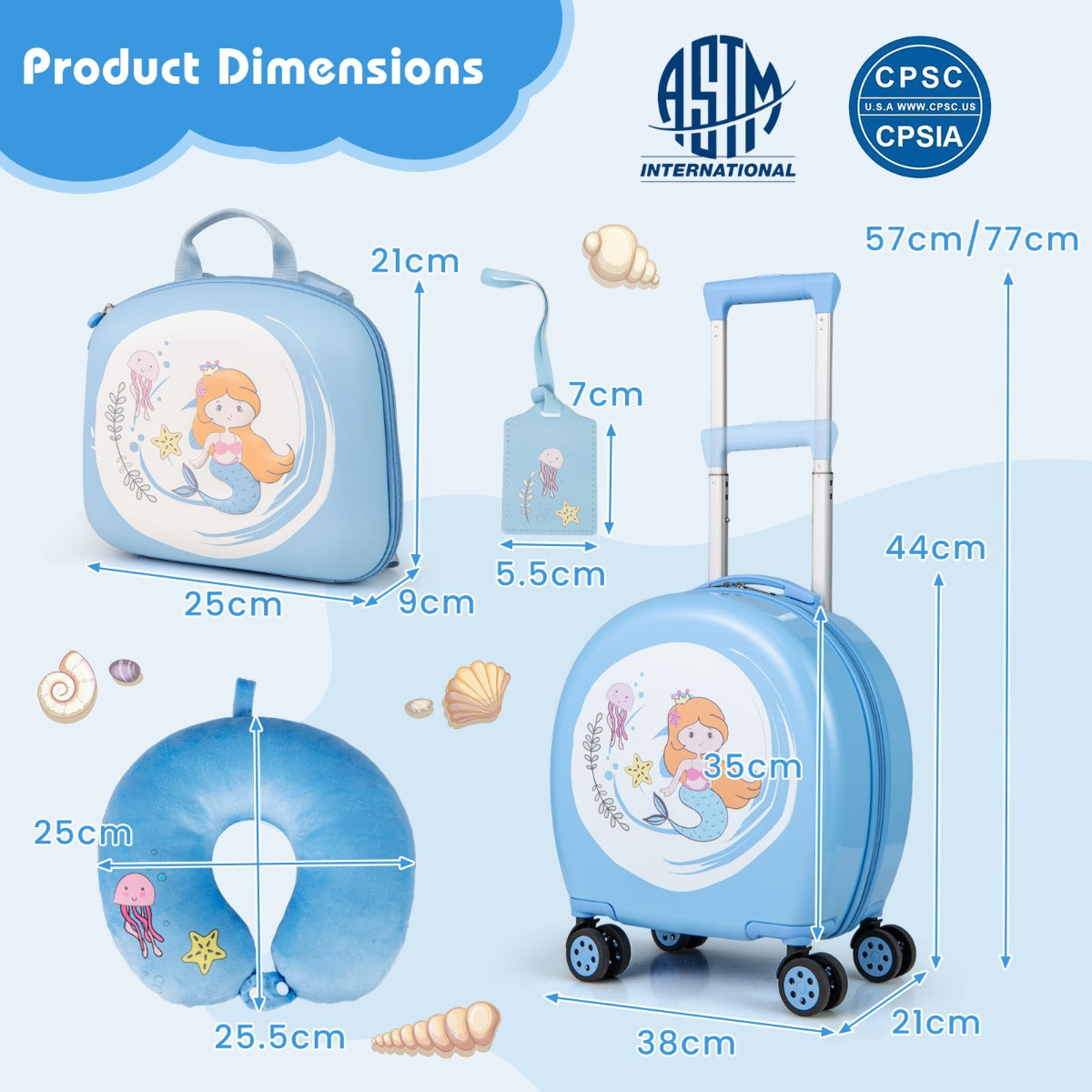 LIVSK Kinderbagageset - Handbagagekoffer met Rugzak, Nekkussen en Bagagelabel - Waterbestendig - 14 inch - Blauw+Wit