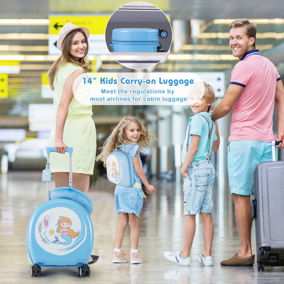 LIVSK Kinderbagageset - Handbagagekoffer met Rugzak, Nekkussen en Bagagelabel - Waterbestendig - 14 inch - Blauw+Wit