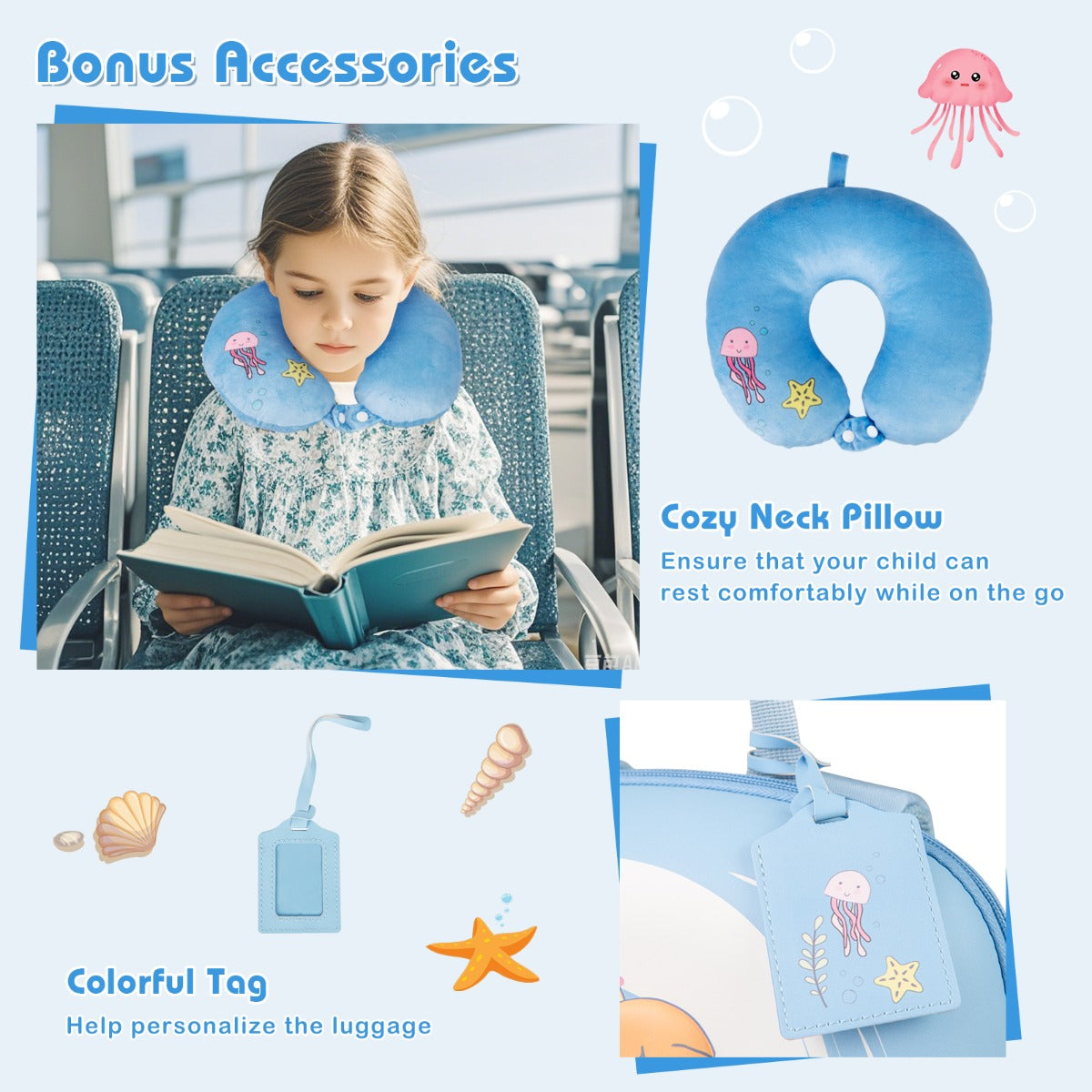 LIVSK Kinderbagageset - Handbagagekoffer met Rugzak, Nekkussen en Bagagelabel - Waterbestendig - 14 inch - Blauw+Wit