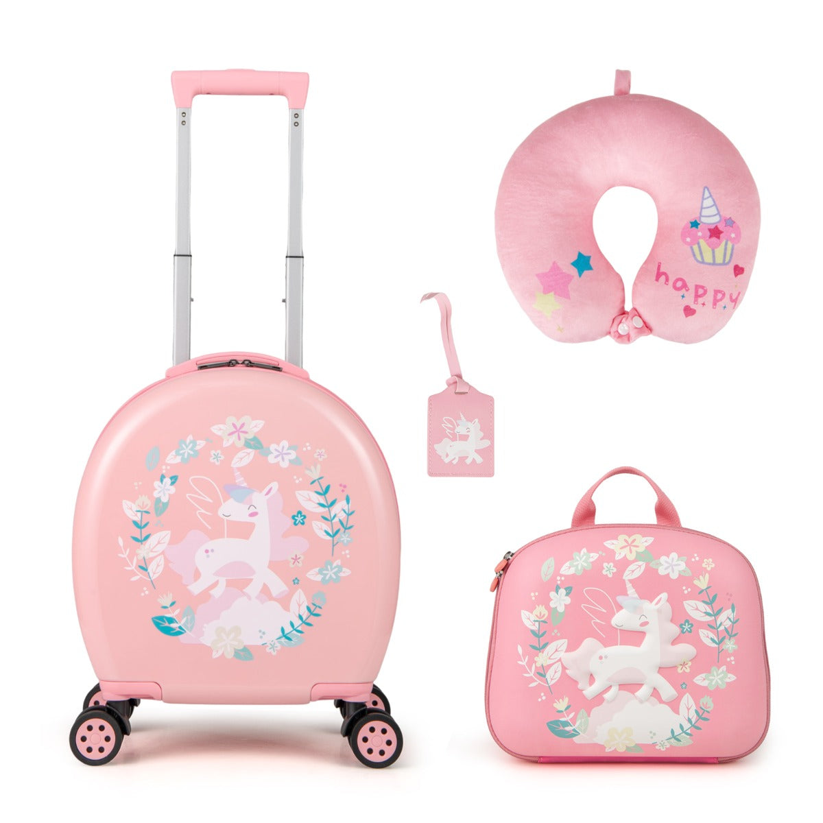 LIVSK 4-Delige Kinderbagageset - Handbagagekoffer, Rugzak, Nekkussen, Bagagelabel - Waterbestendig - Blauw+Wit