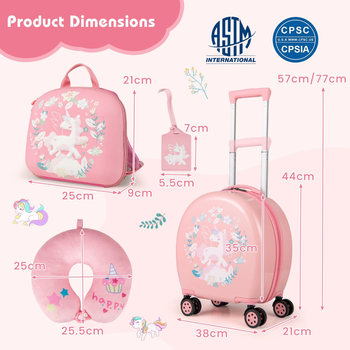 LIVSK 4-Delige Kinderbagageset - Handbagagekoffer, Rugzak, Nekkussen, Bagagelabel - Waterbestendig - Blauw+Wit