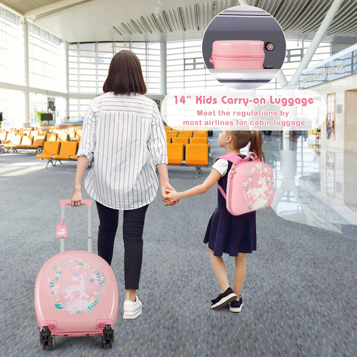 LIVSK 4-Delige Kinderbagageset - Handbagagekoffer, Rugzak, Nekkussen, Bagagelabel - Waterbestendig - Blauw+Wit