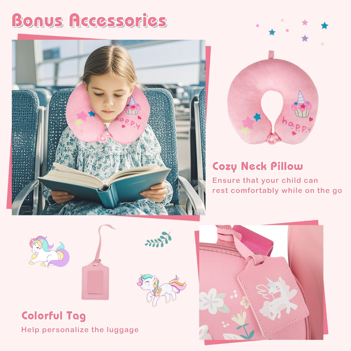 LIVSK 4-Delige Kinderbagageset - Handbagagekoffer, Rugzak, Nekkussen, Bagagelabel - Waterbestendig - Blauw+Wit