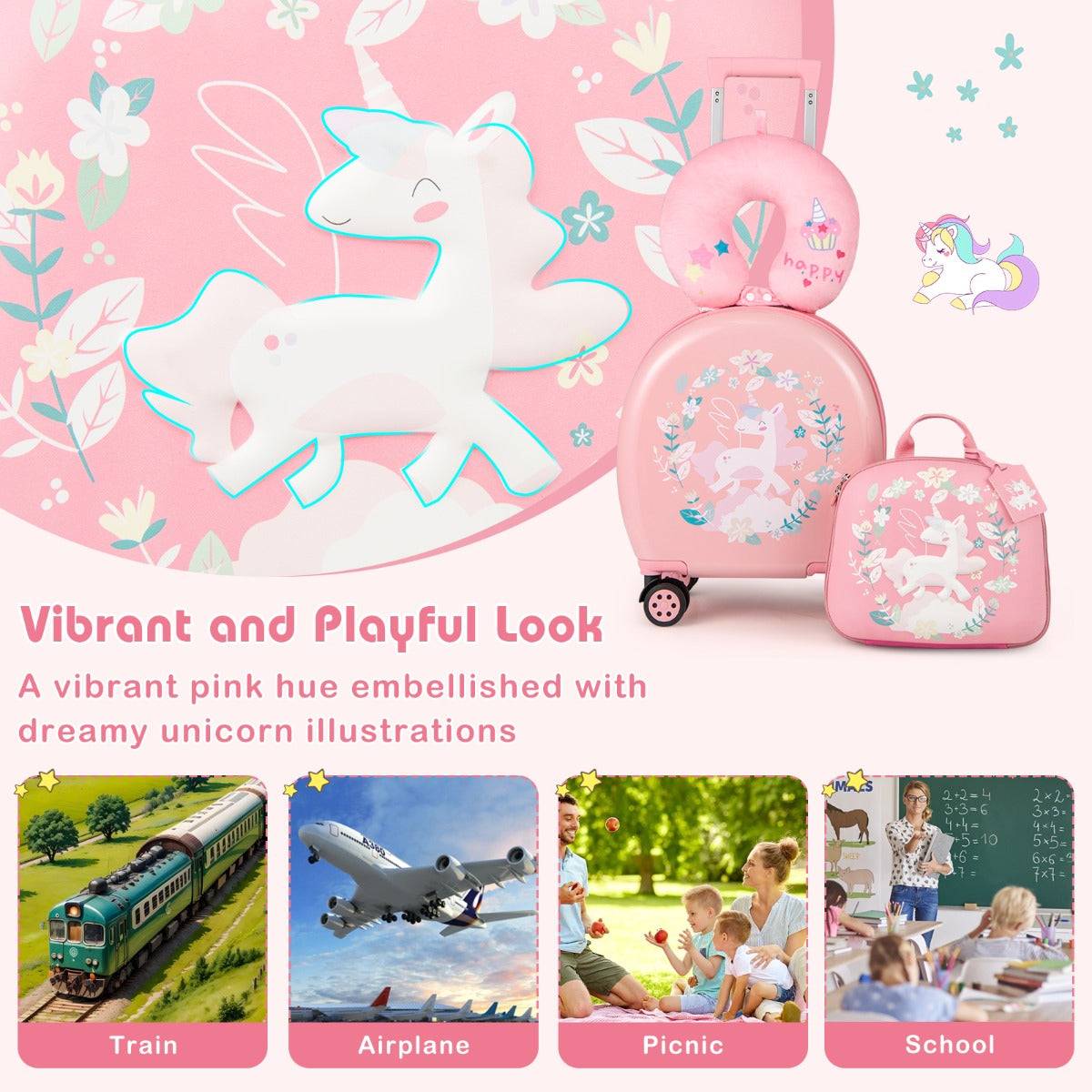 LIVSK 4-Delige Kinderbagageset - Handbagagekoffer, Rugzak, Nekkussen, Bagagelabel - Waterbestendig - Blauw+Wit