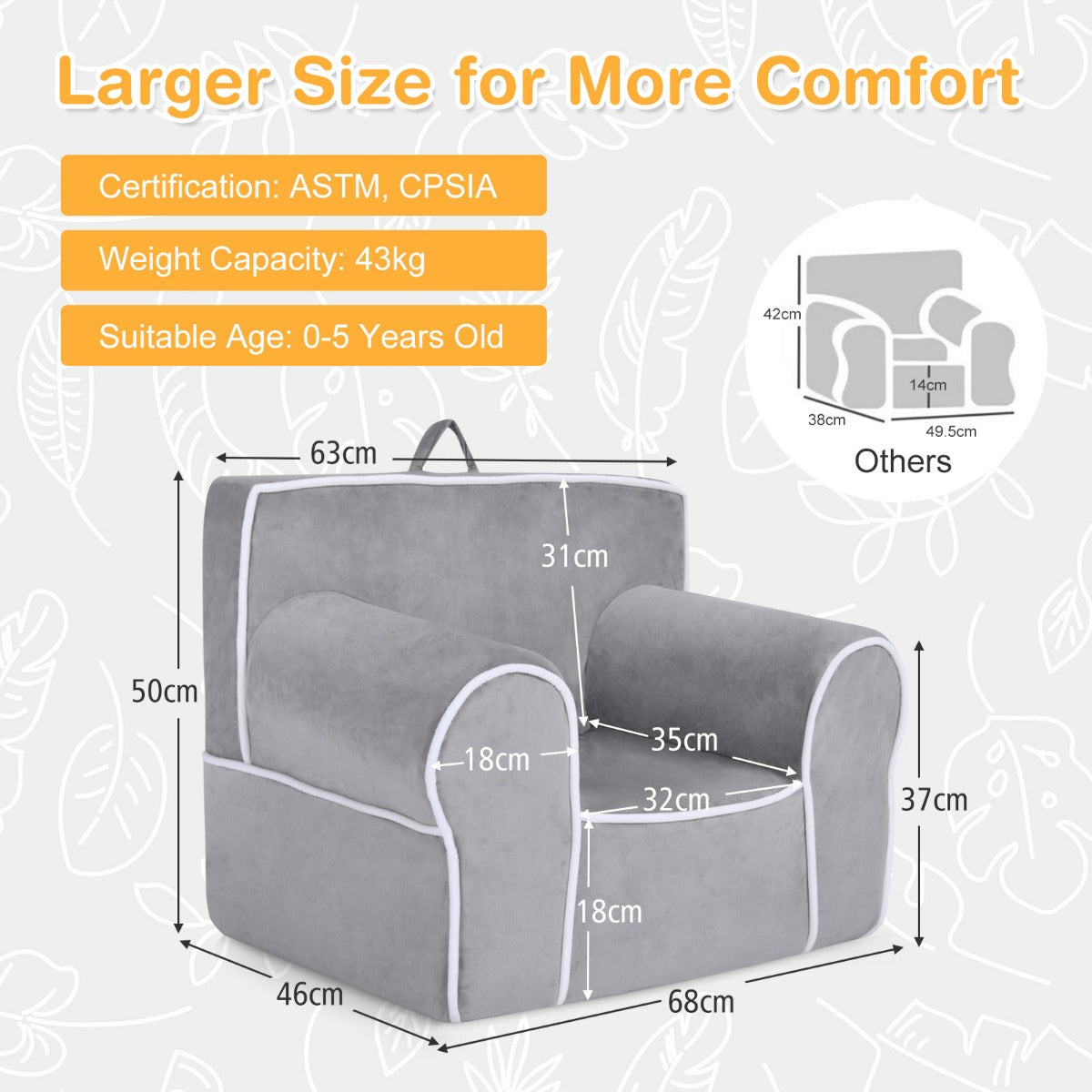 LIVSK Kinderbank - Fluweel met Schuimvulling - Handgreep en Ritssluiting - Draagvermogen tot 43 kg - 68 x 46 x 50 cm - Grijs