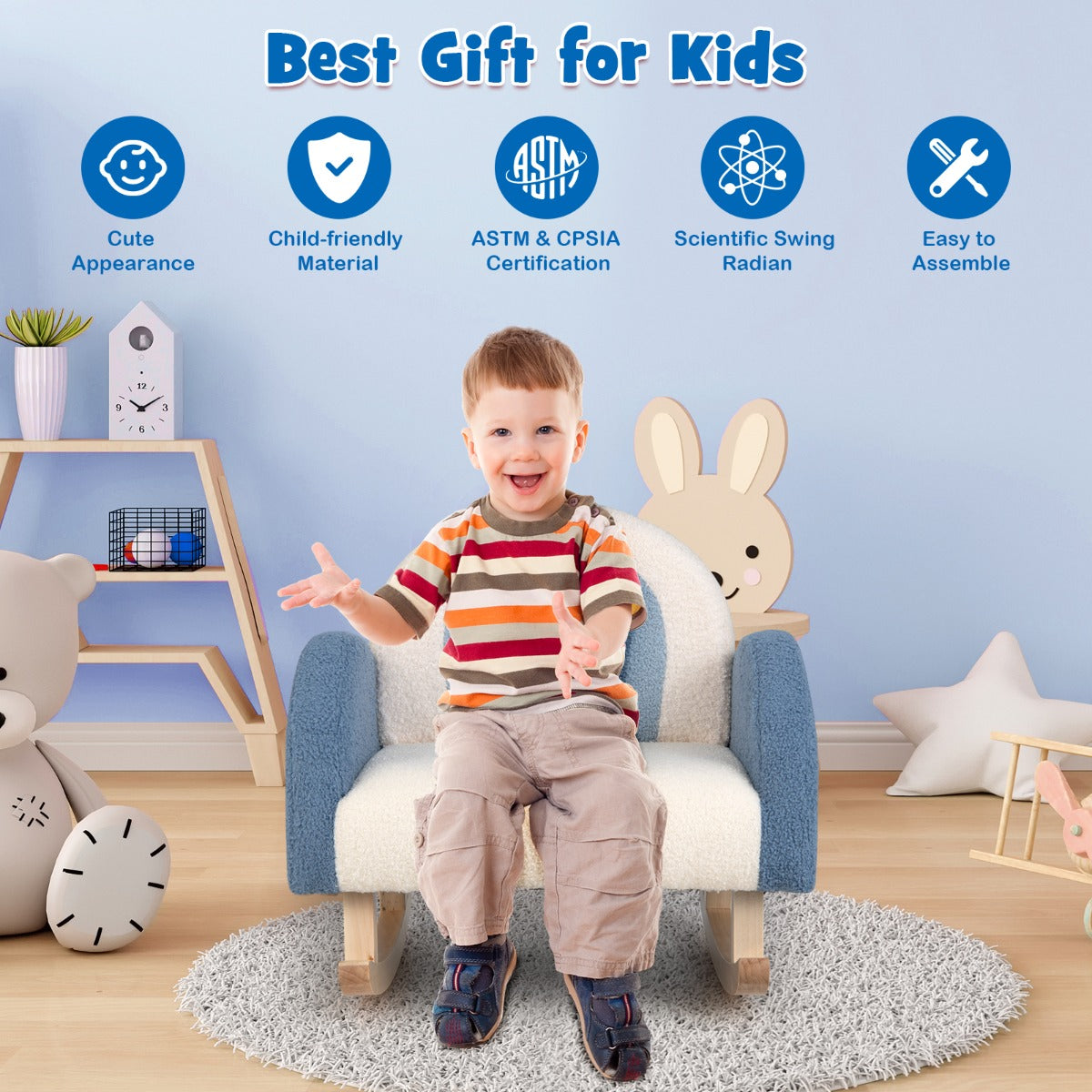 Livsk costway kinderbank kinderschommelstoel kinderstoel teddy fluweel en massief houten poten mini stoel kinderstoel voor kinderen 3 5 jaar blauw 4